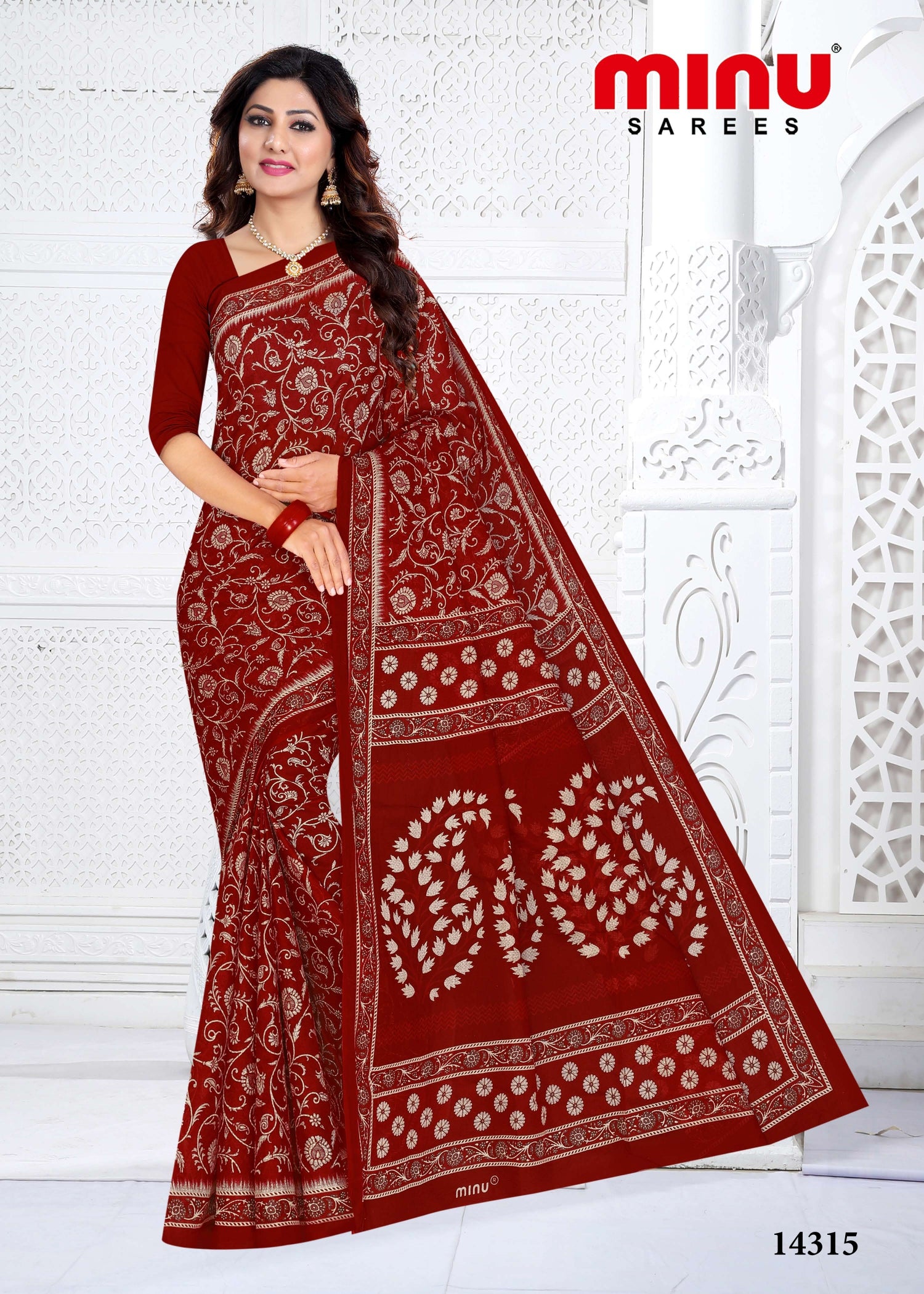 Woman attiring in classy and modern color printed saree online at best price
