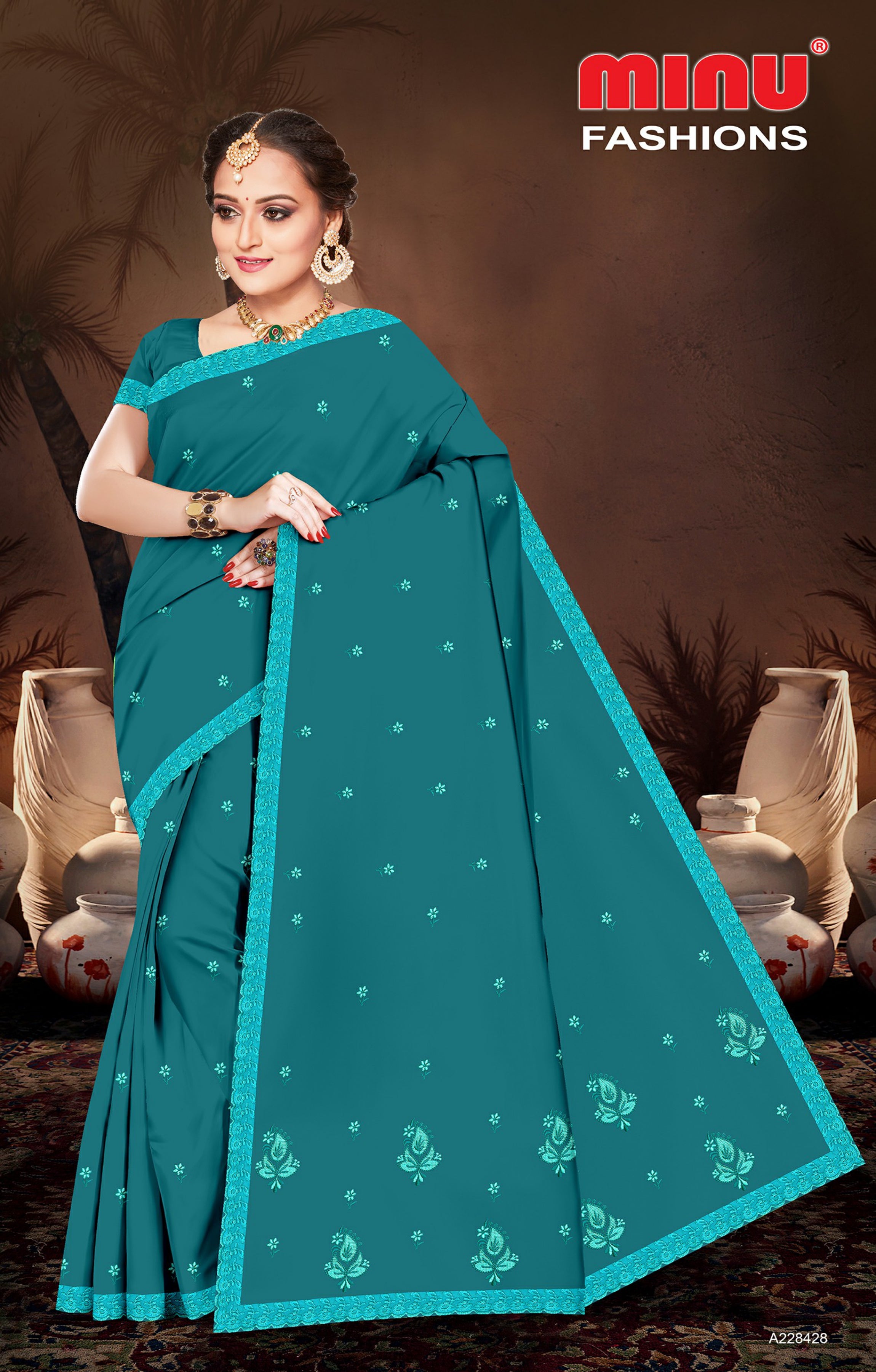 Embroidered Cotton Saree Royal Look (Special Rate) - 8 Pcs Set