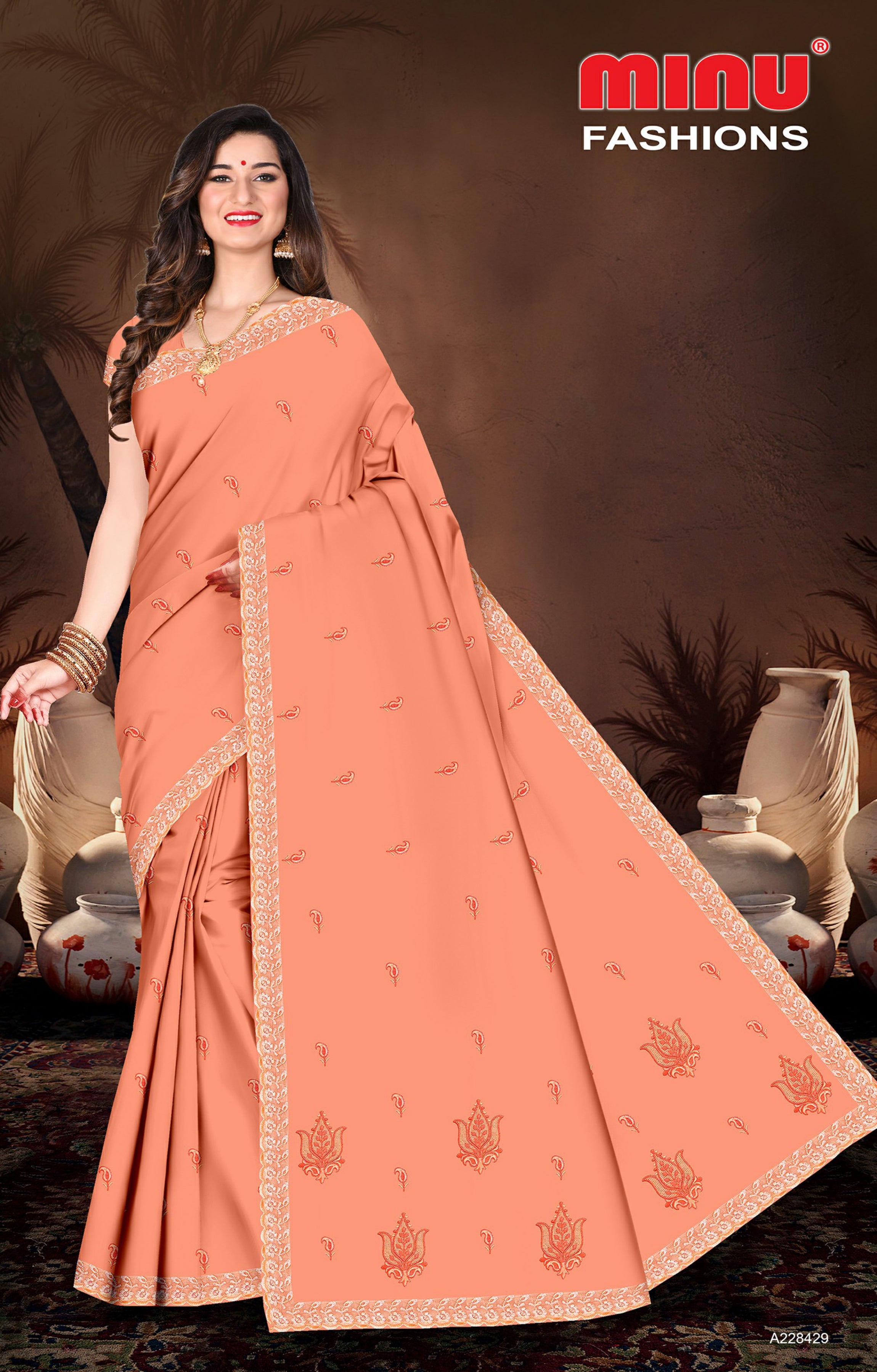 Embroidered Cotton Saree Royal Look (Special Rate) - 8 Pcs Set