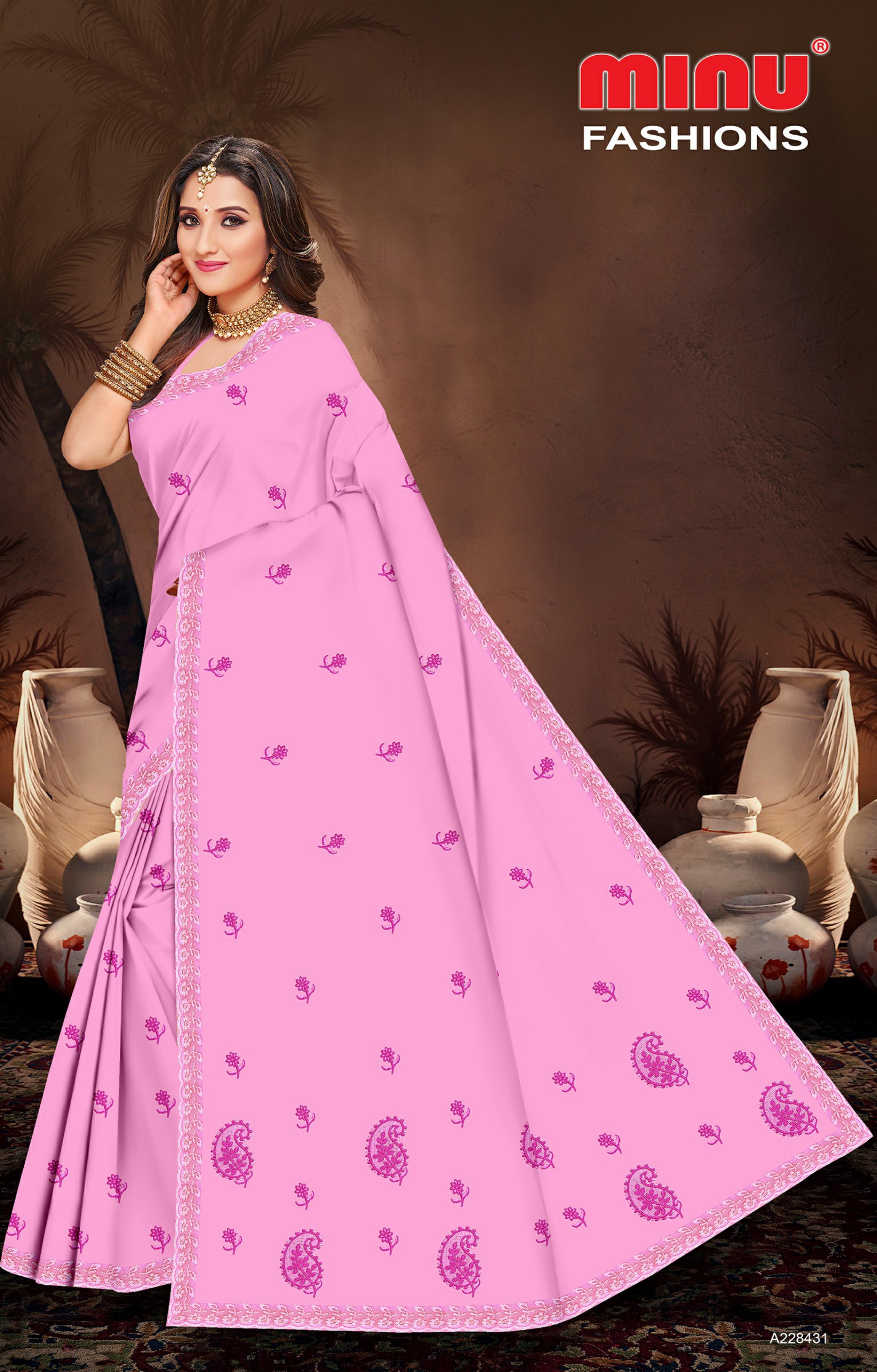 Embroidered Cotton Saree Royal Look (Special Rate) - 8 Pcs Set