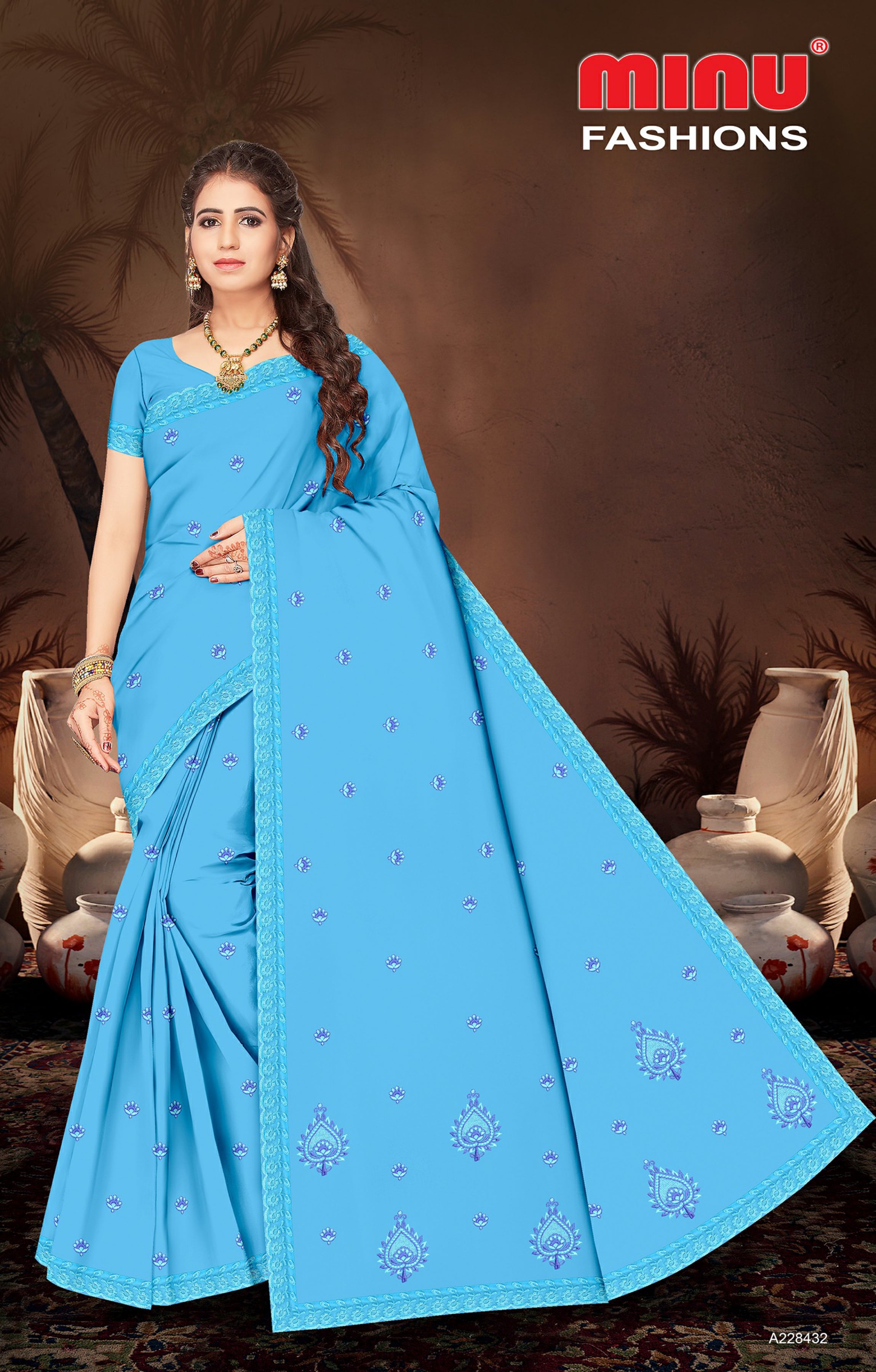 Embroidered Cotton Saree Royal Look (Special Rate) - 8 Pcs Set