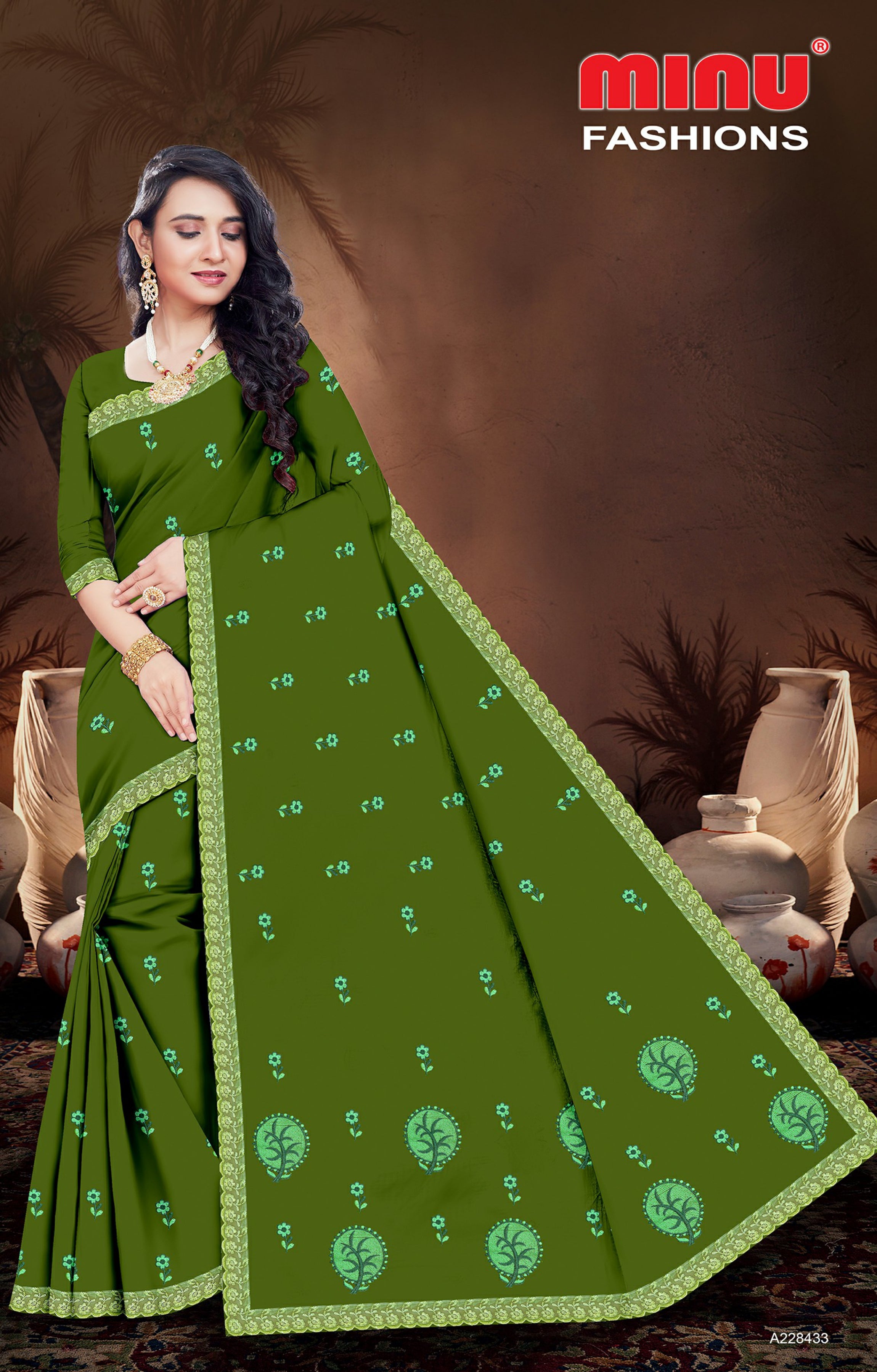 Embroidered Cotton Saree Royal Look (Special Rate) - 8 Pcs Set