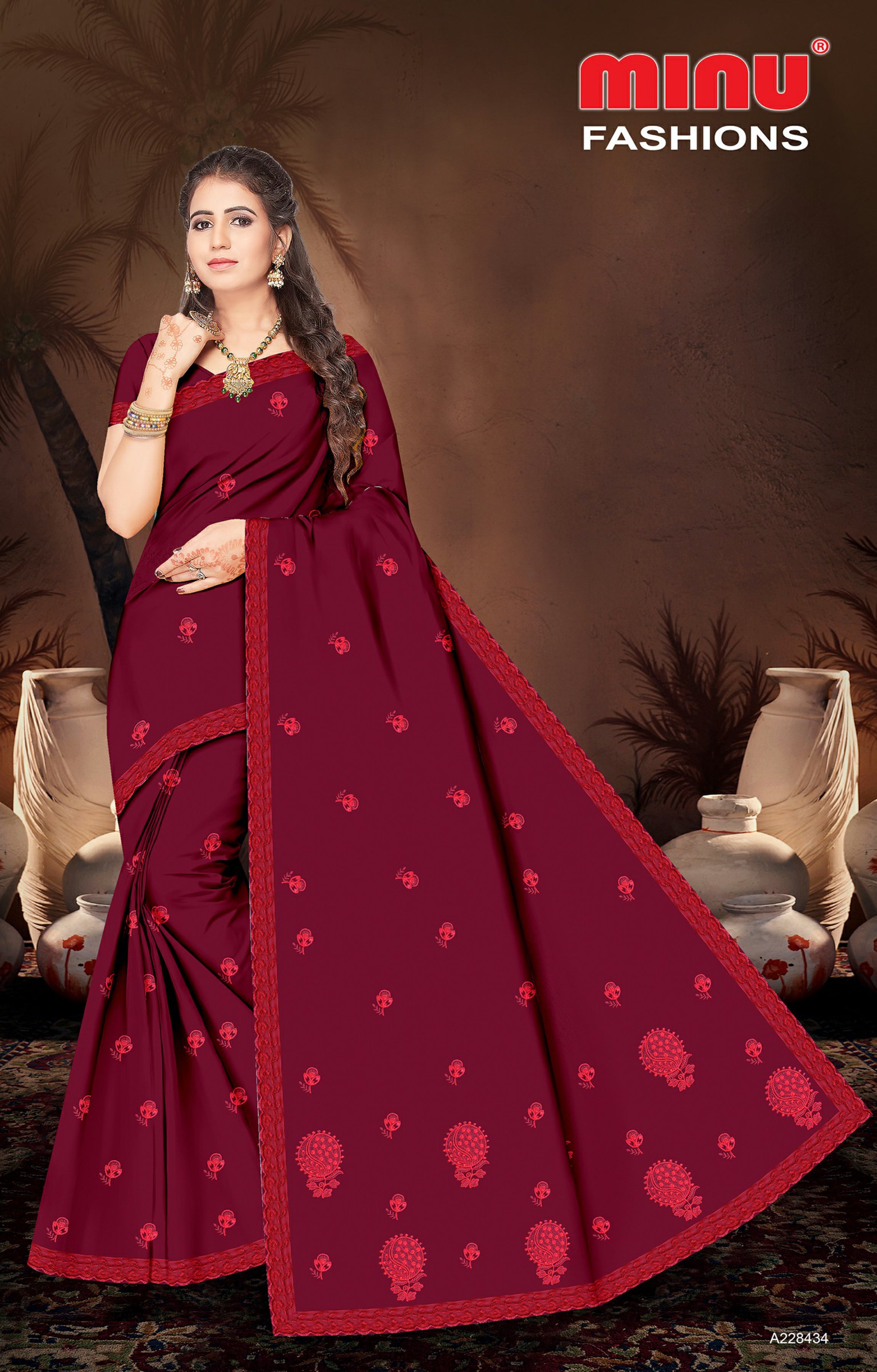 Embroidered Cotton Saree Royal Look (Special Rate) - 8 Pcs Set