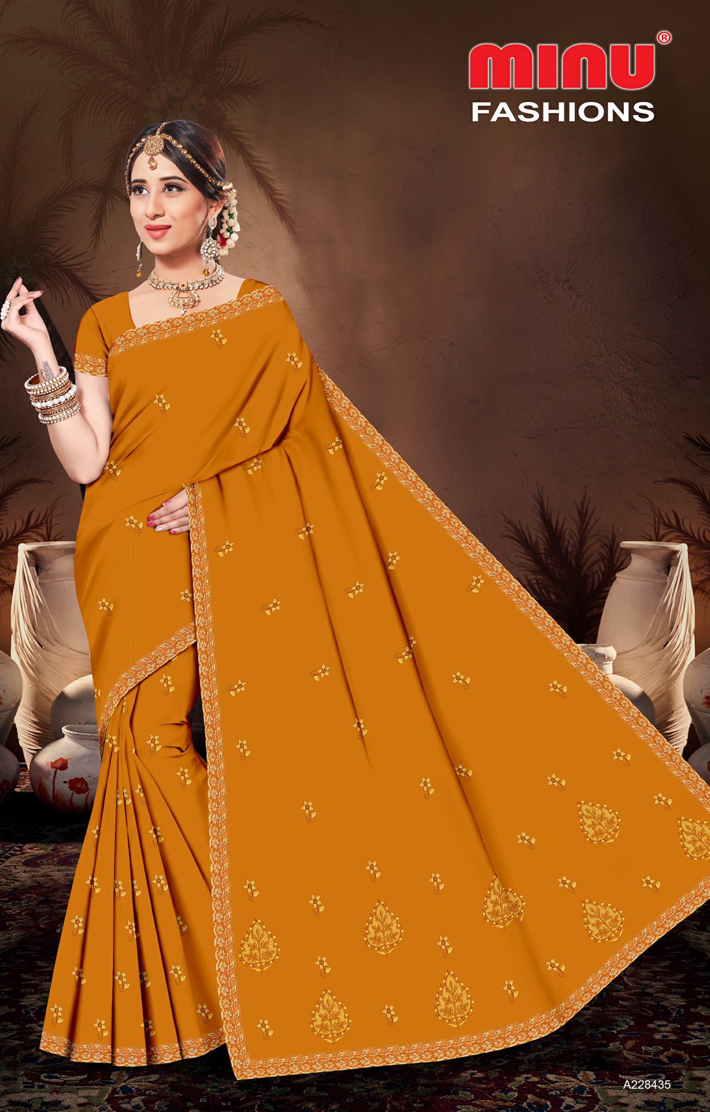 Embroidered Cotton Saree Royal Look (Special Rate) - 8 Pcs Set