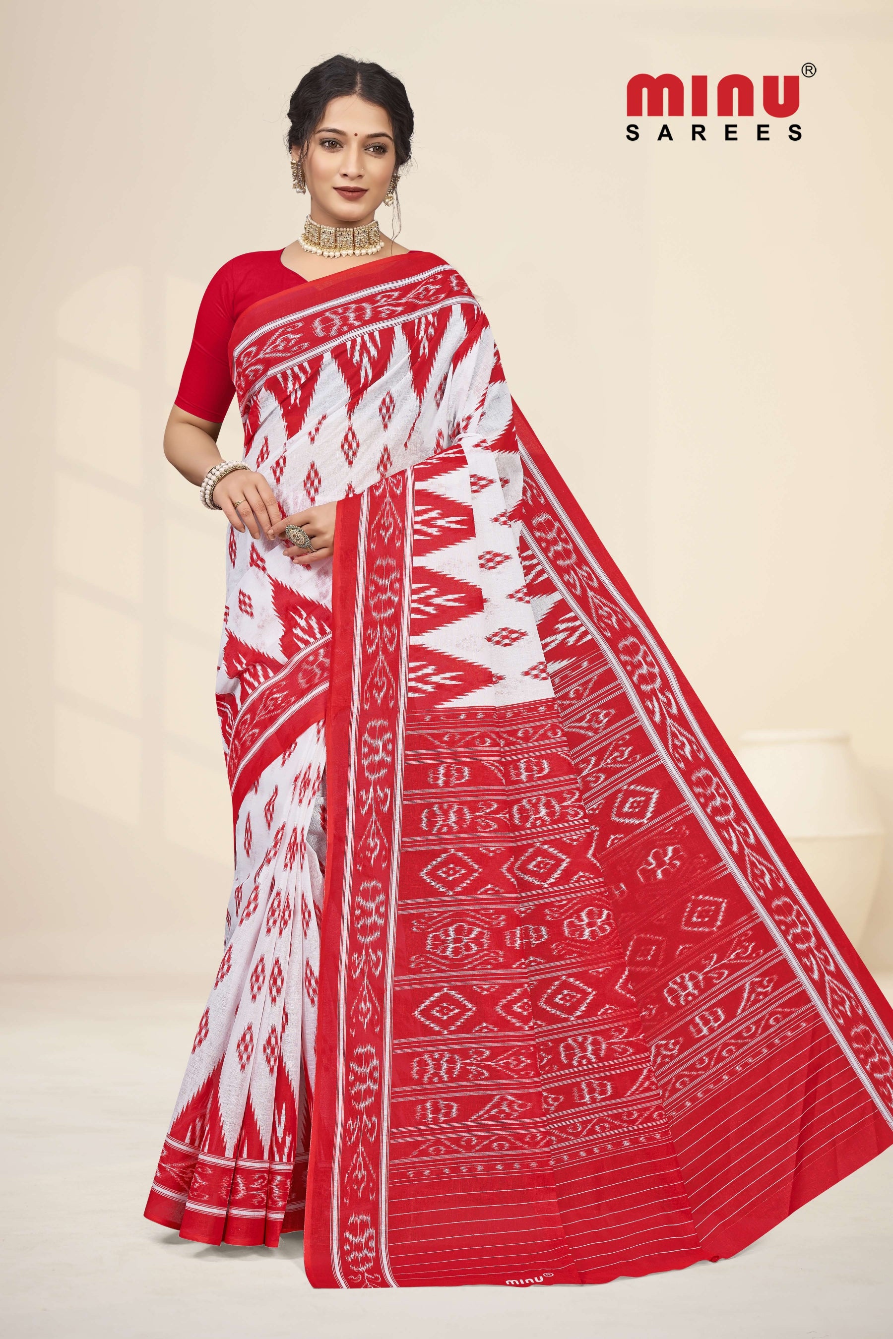 Top quality red color printed saree wearing woman retail image