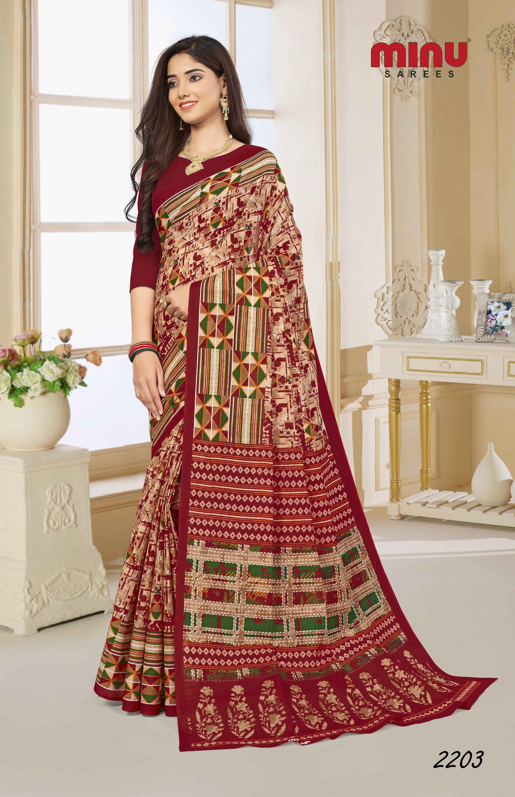 Designer printed saree wearing woman 