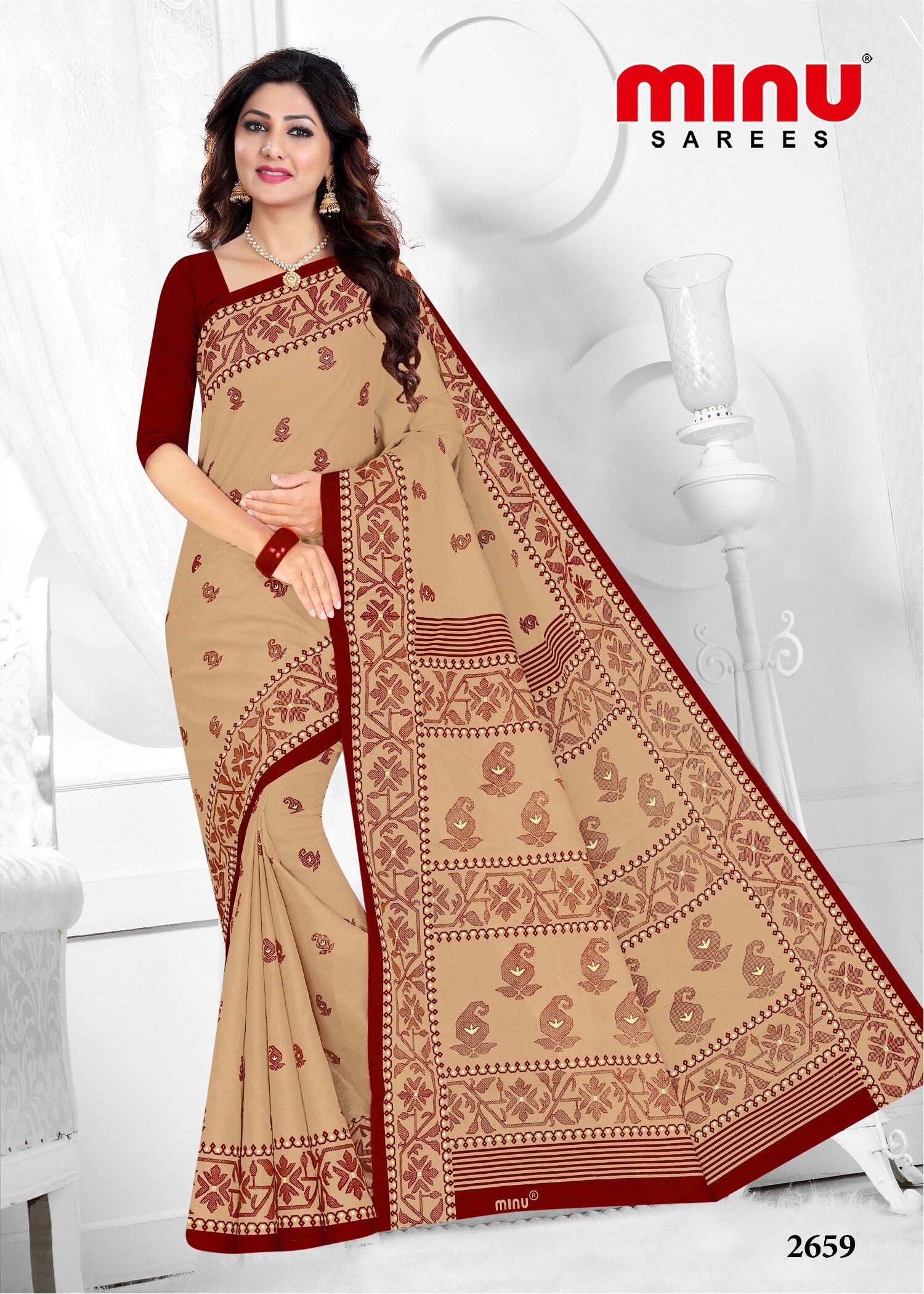 Malai Cotton Printed Saree- Tanishq Red Chiku (8P)