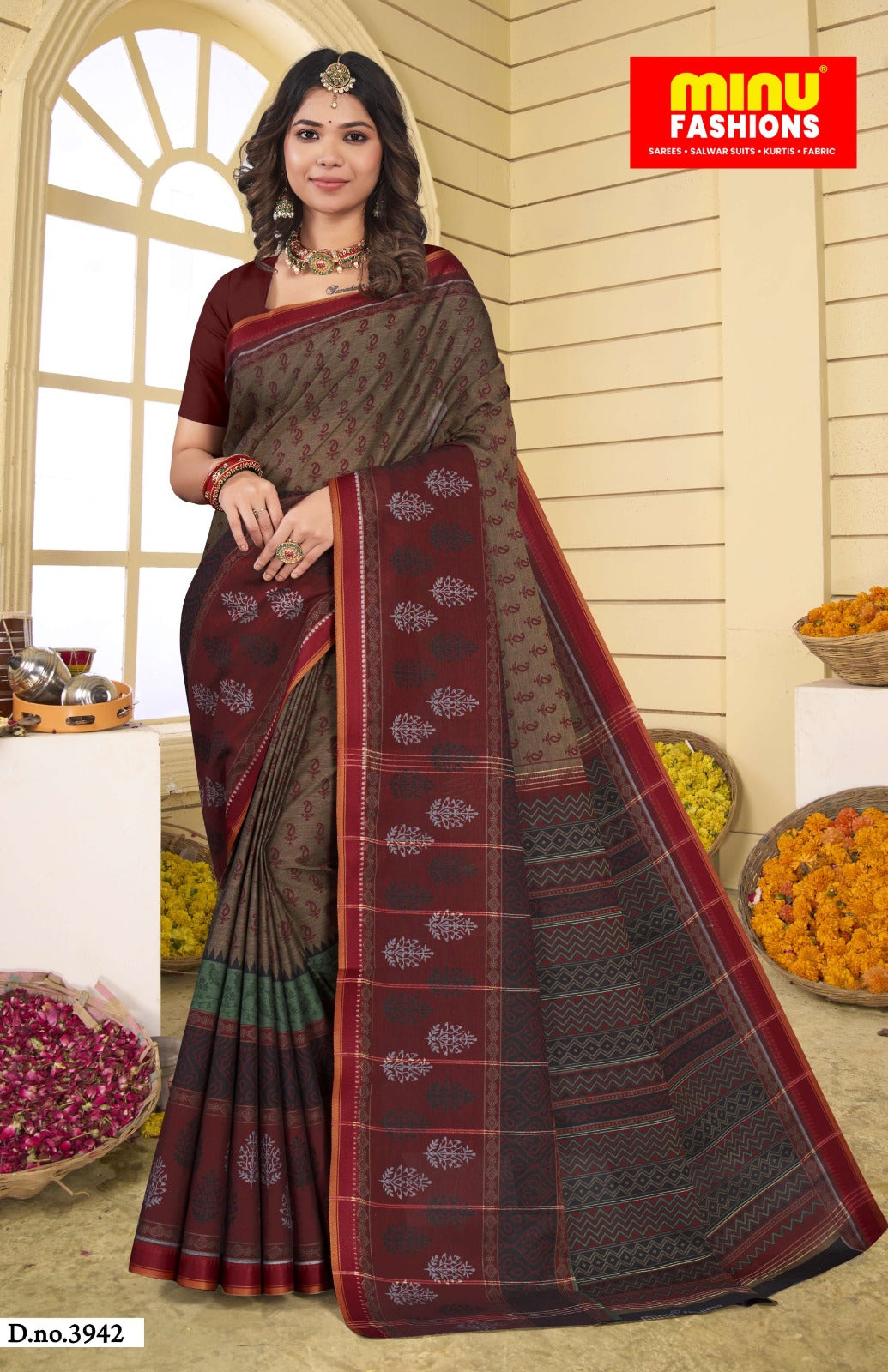 Printed Cotton Saree Tantuja - 8 Pcs Set