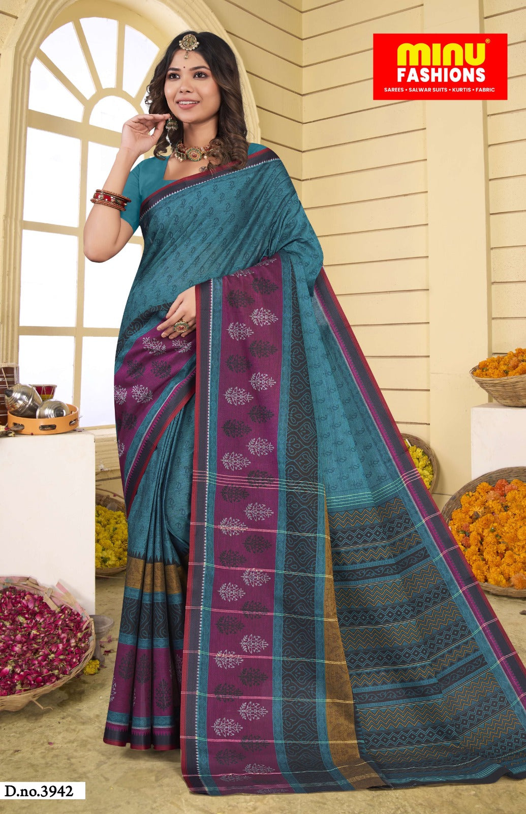 Printed Cotton Saree Tantuja - 8 Pcs Set