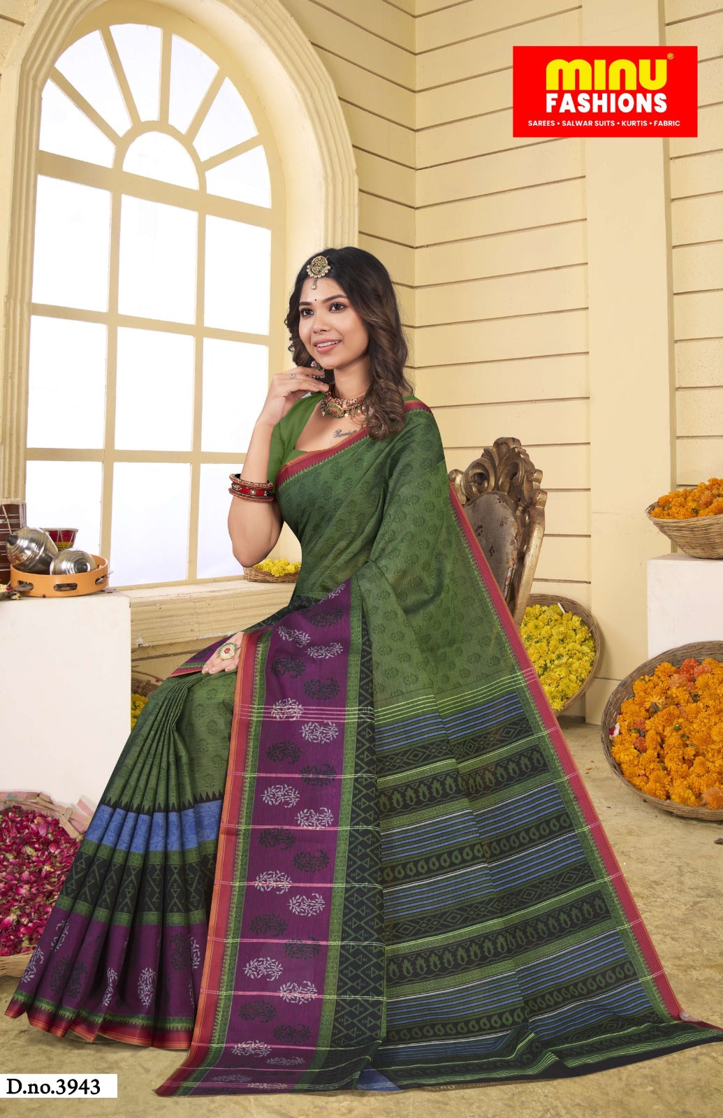 Printed Cotton Saree Tantuja - 8 Pcs Set