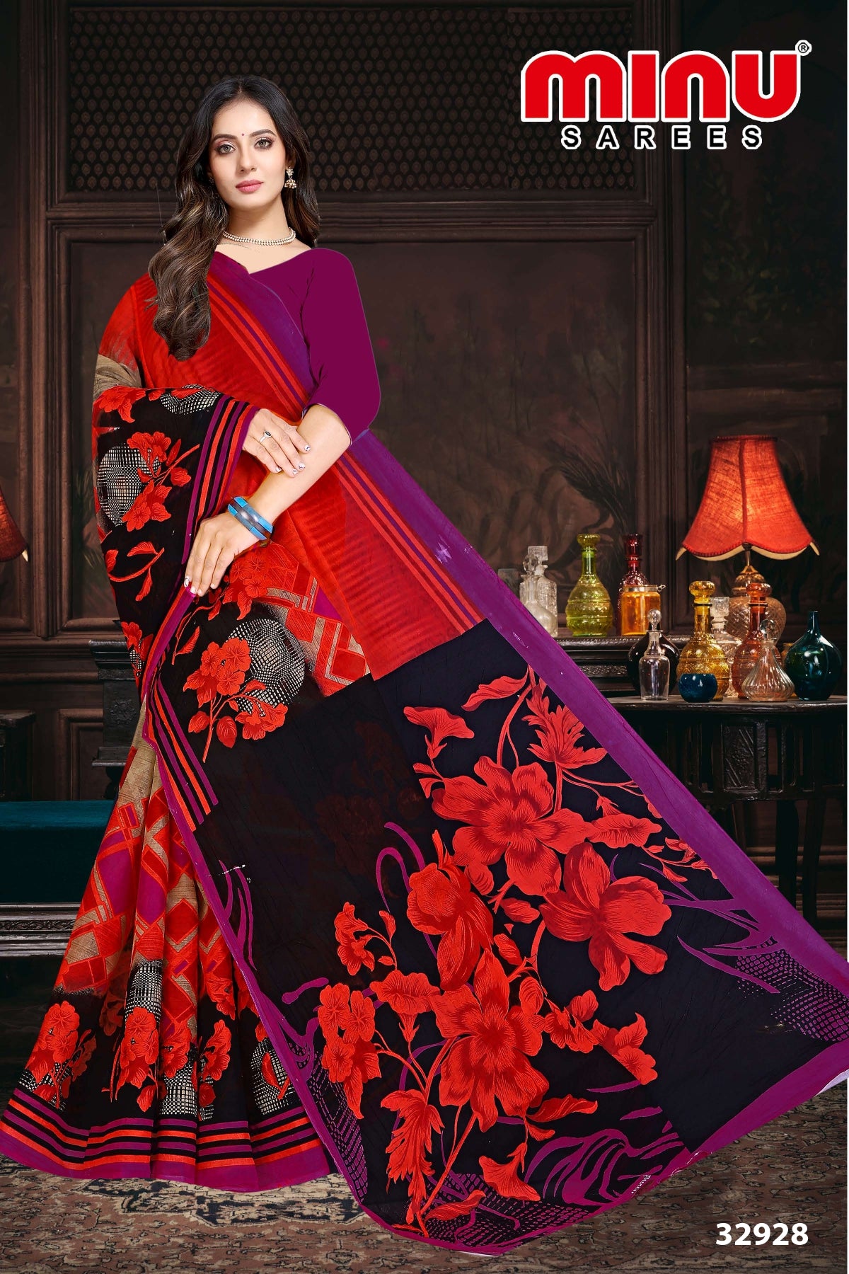 Bold and classy printed saree wearing woman