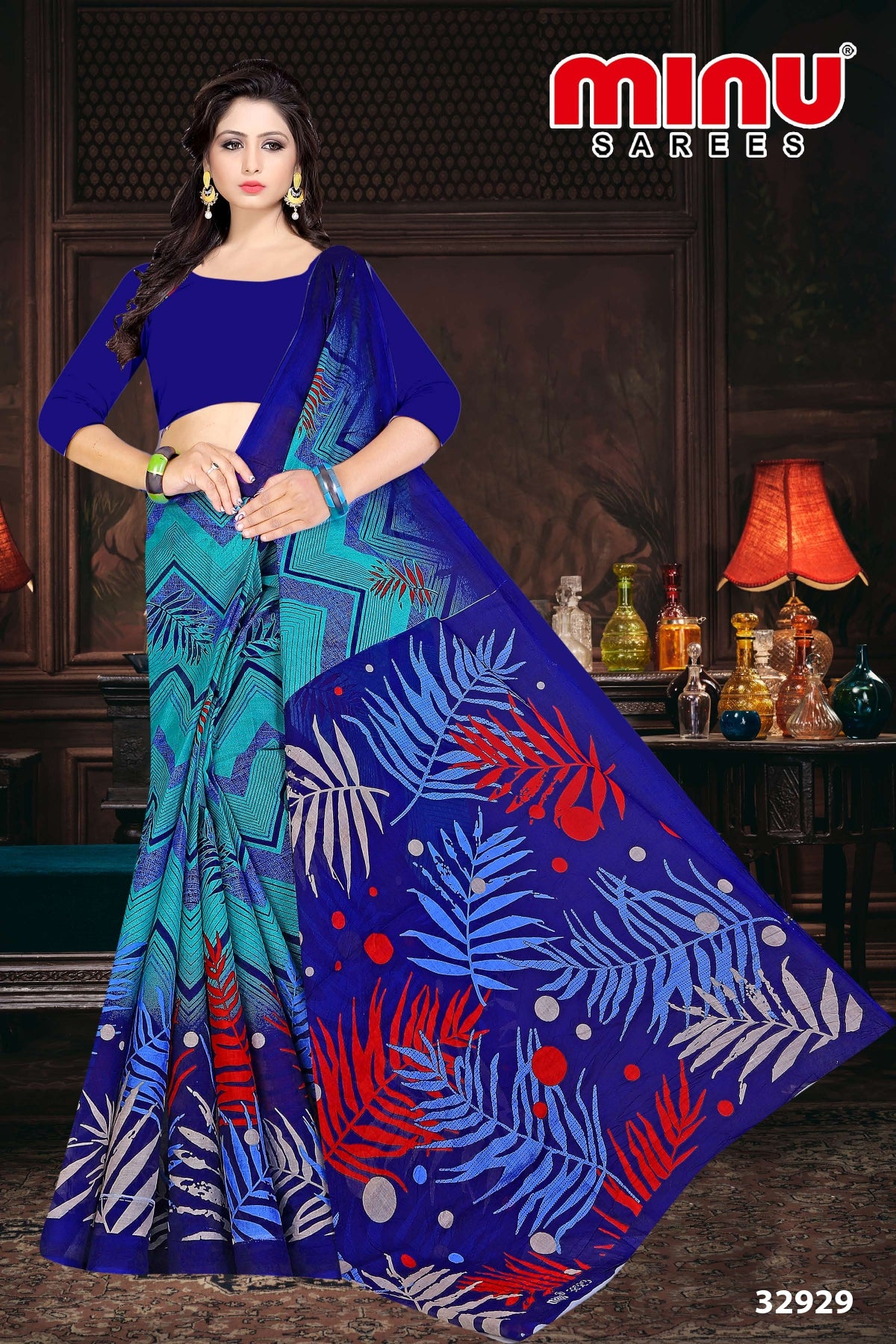 blue color printed designer saree for women