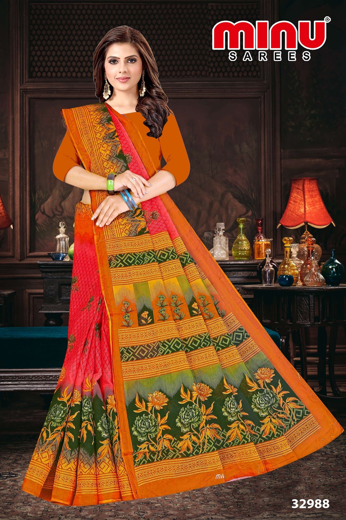 orange color printed saree for wholesalers
