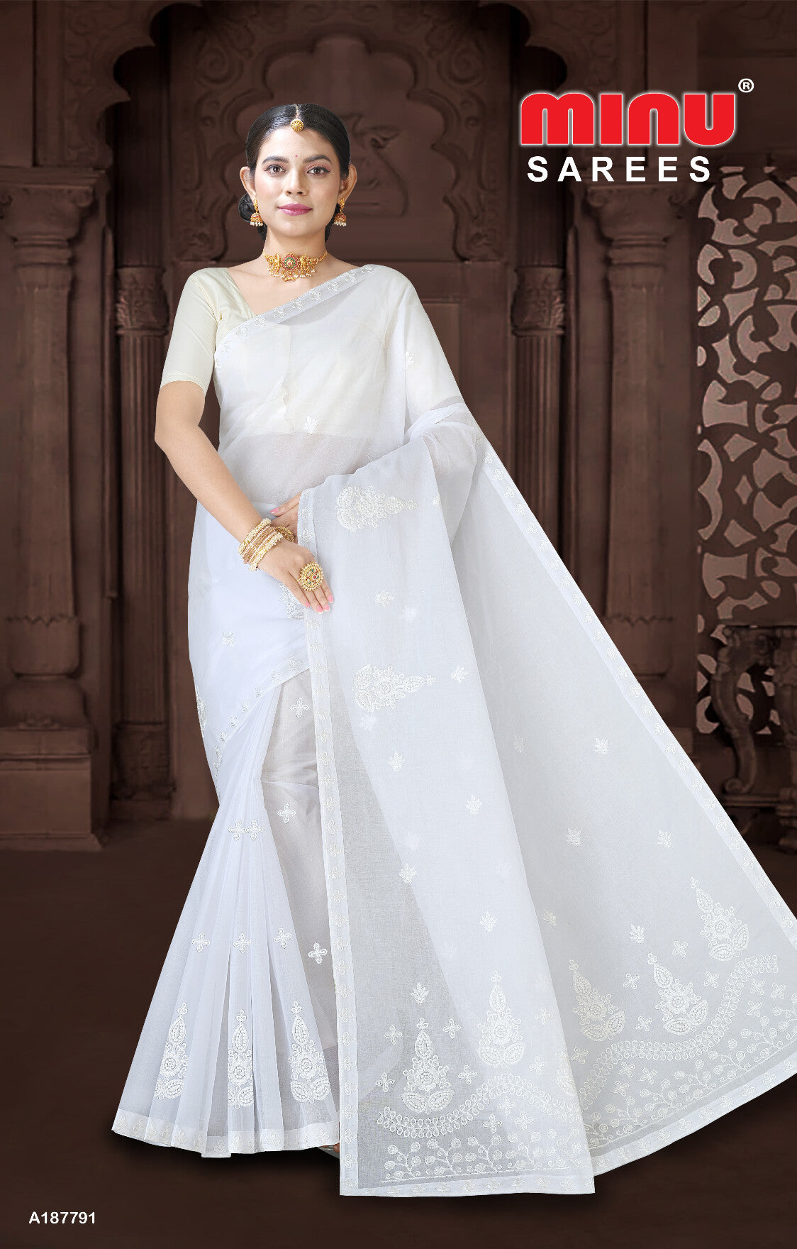 Embroidered Saree White Smile (Special Rate)(8P)