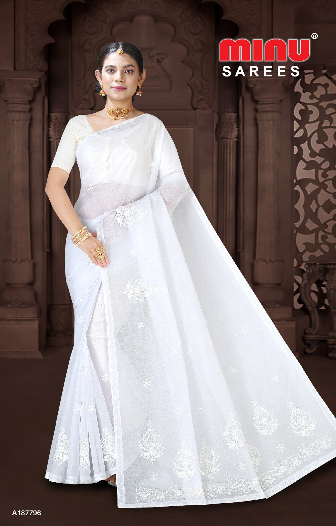 Embroidered Saree White Smile (Special Rate)(8P)