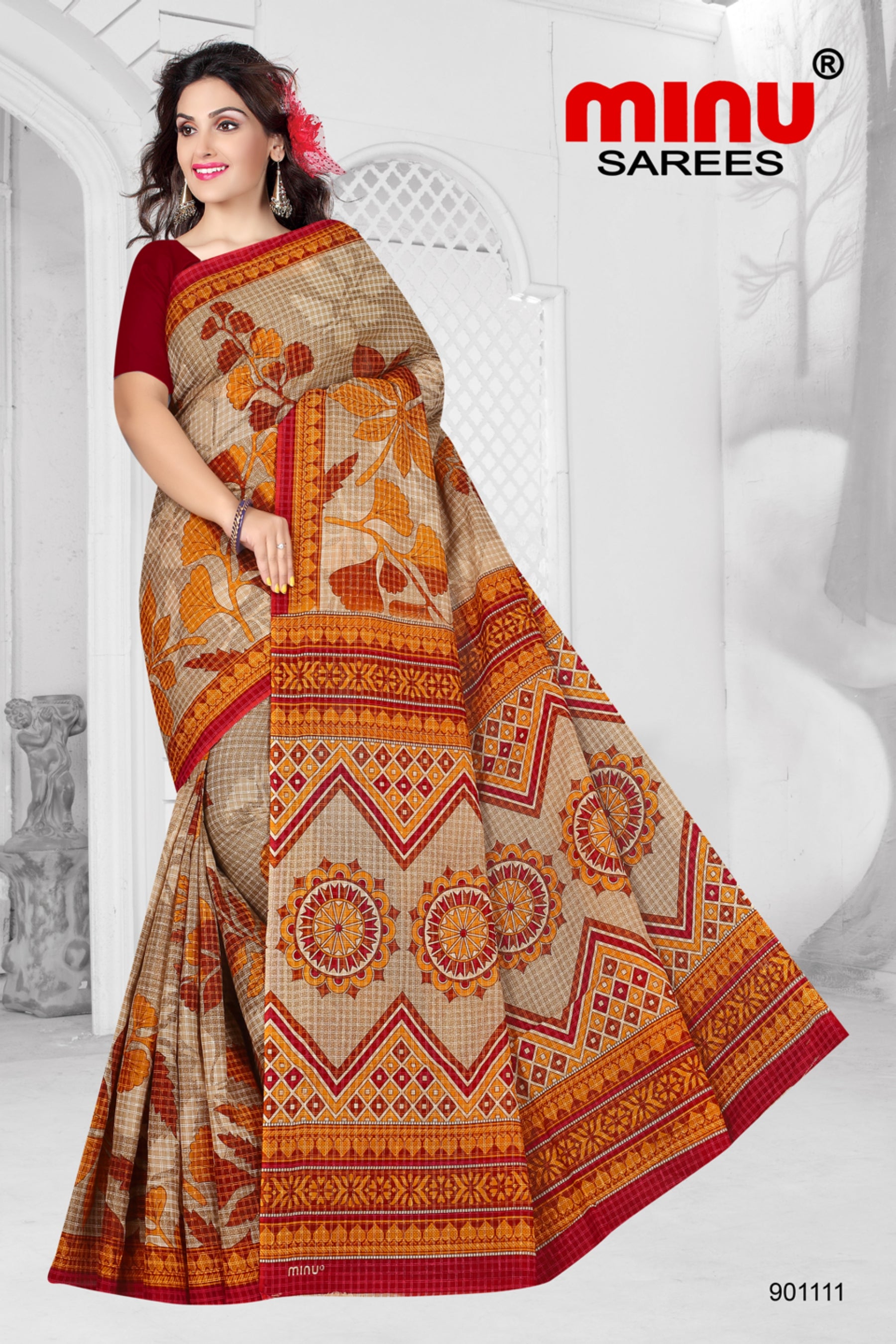 Woman wearing cotton printed saree
