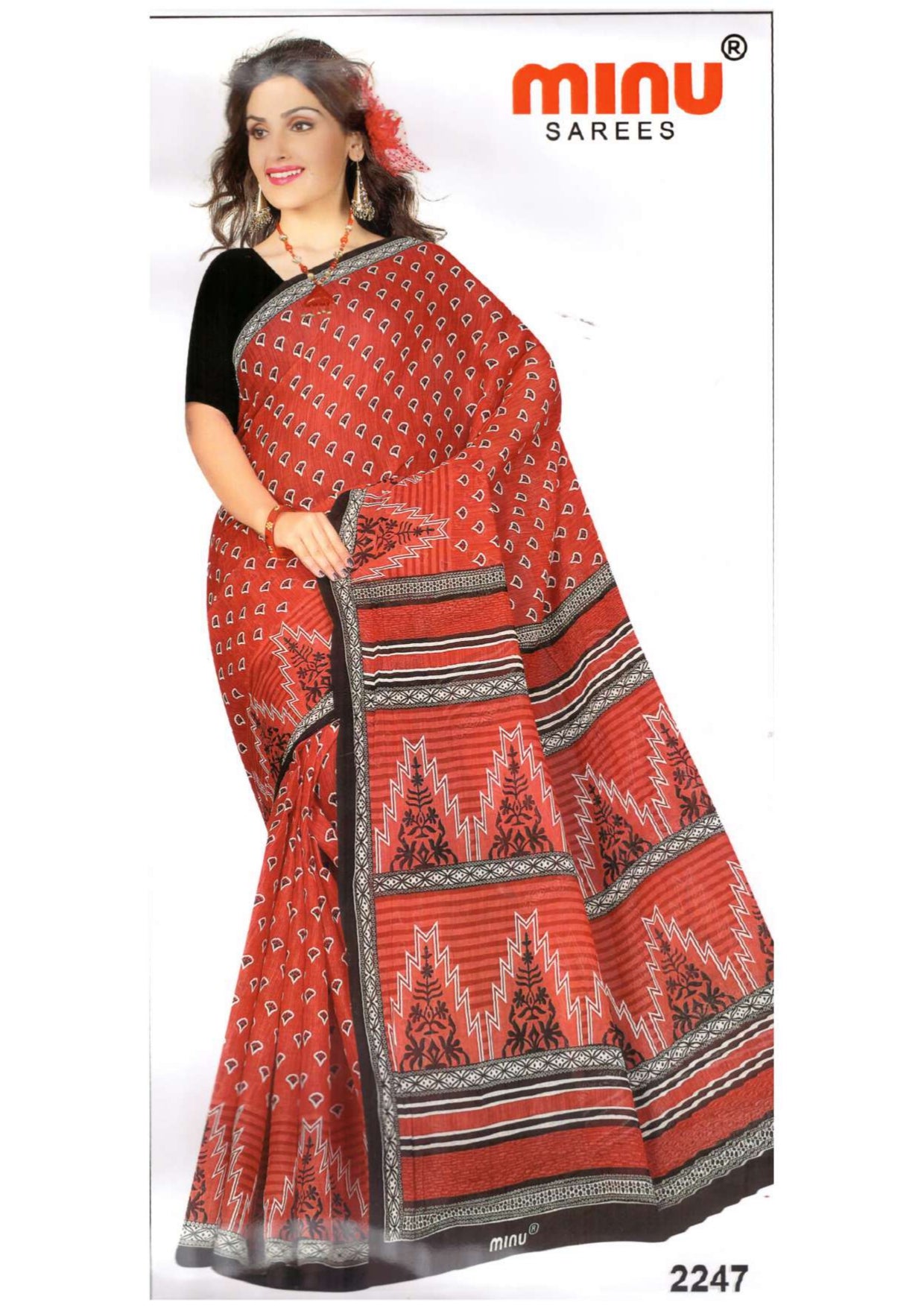 Red printed saree wearing woman