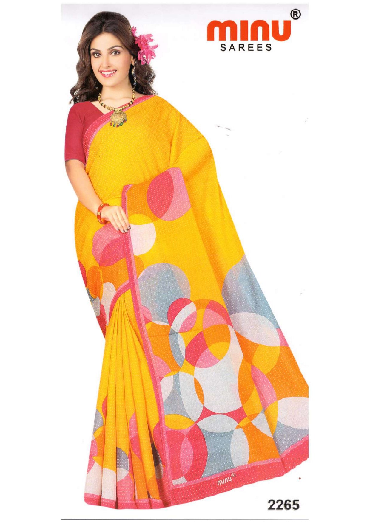 Woman wearing yellow printed saree for retailers image