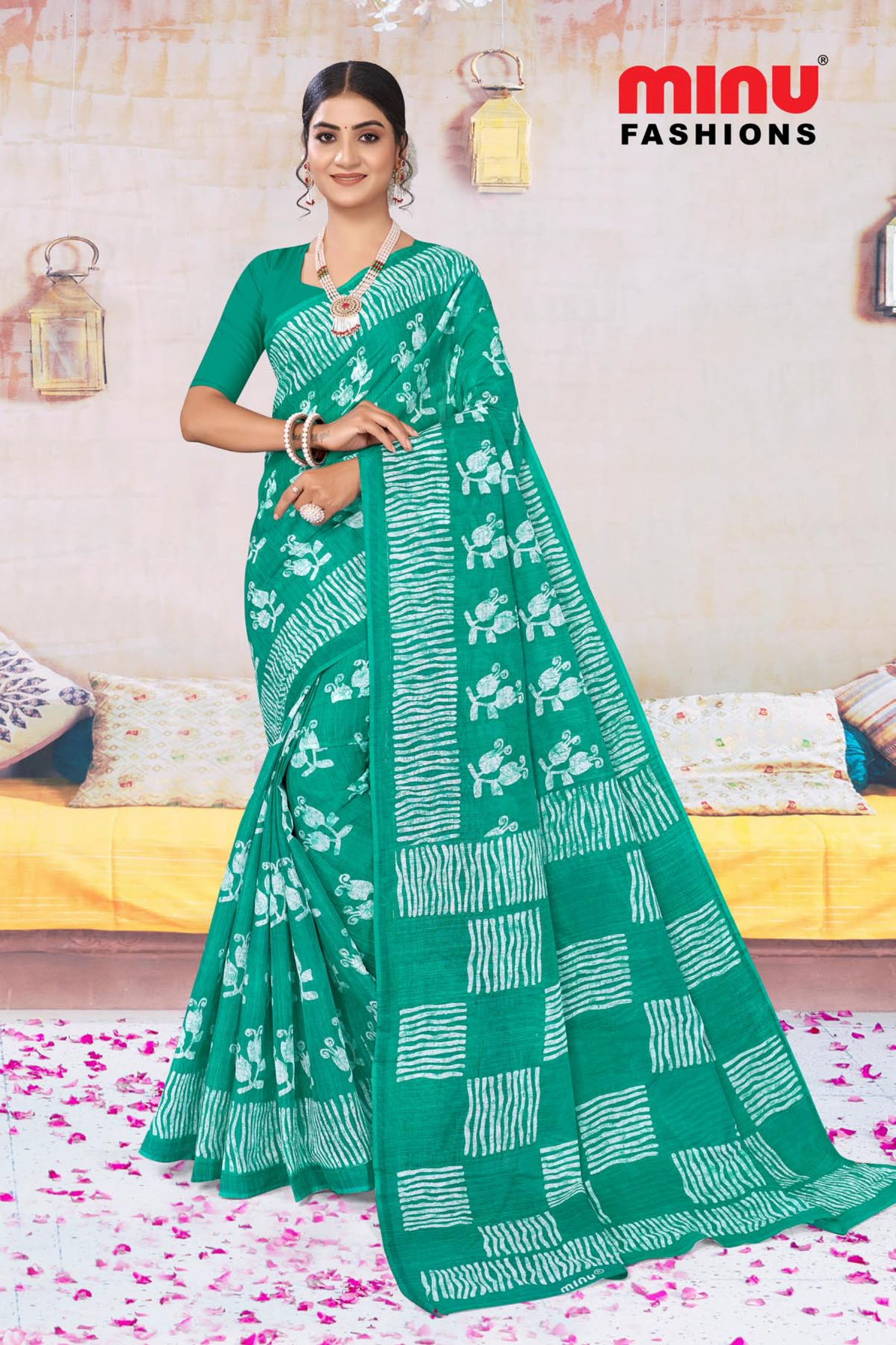 green printed saree with pure fabric work at wholesale price
