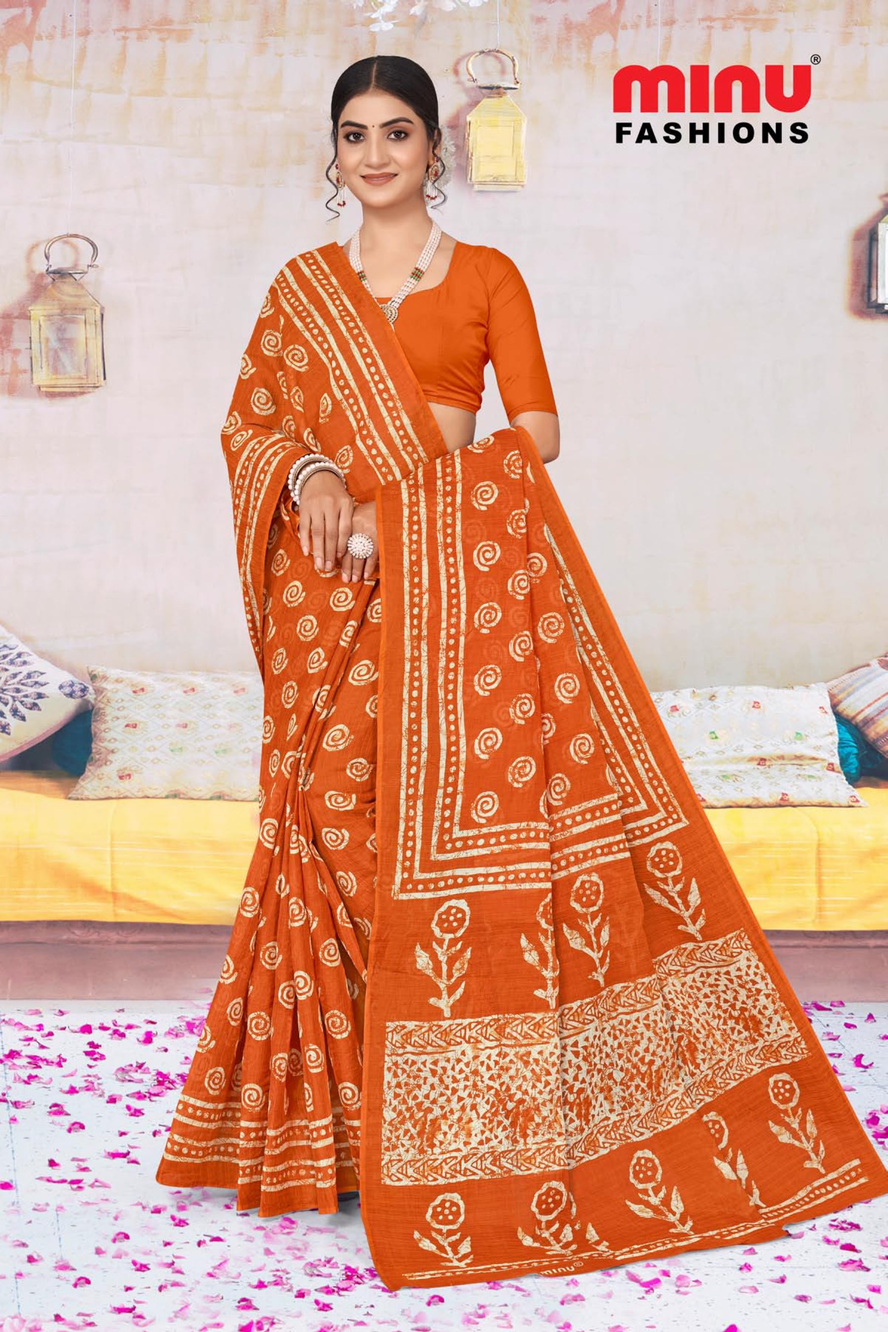 online image of orange printed cotton saree wearing woman 