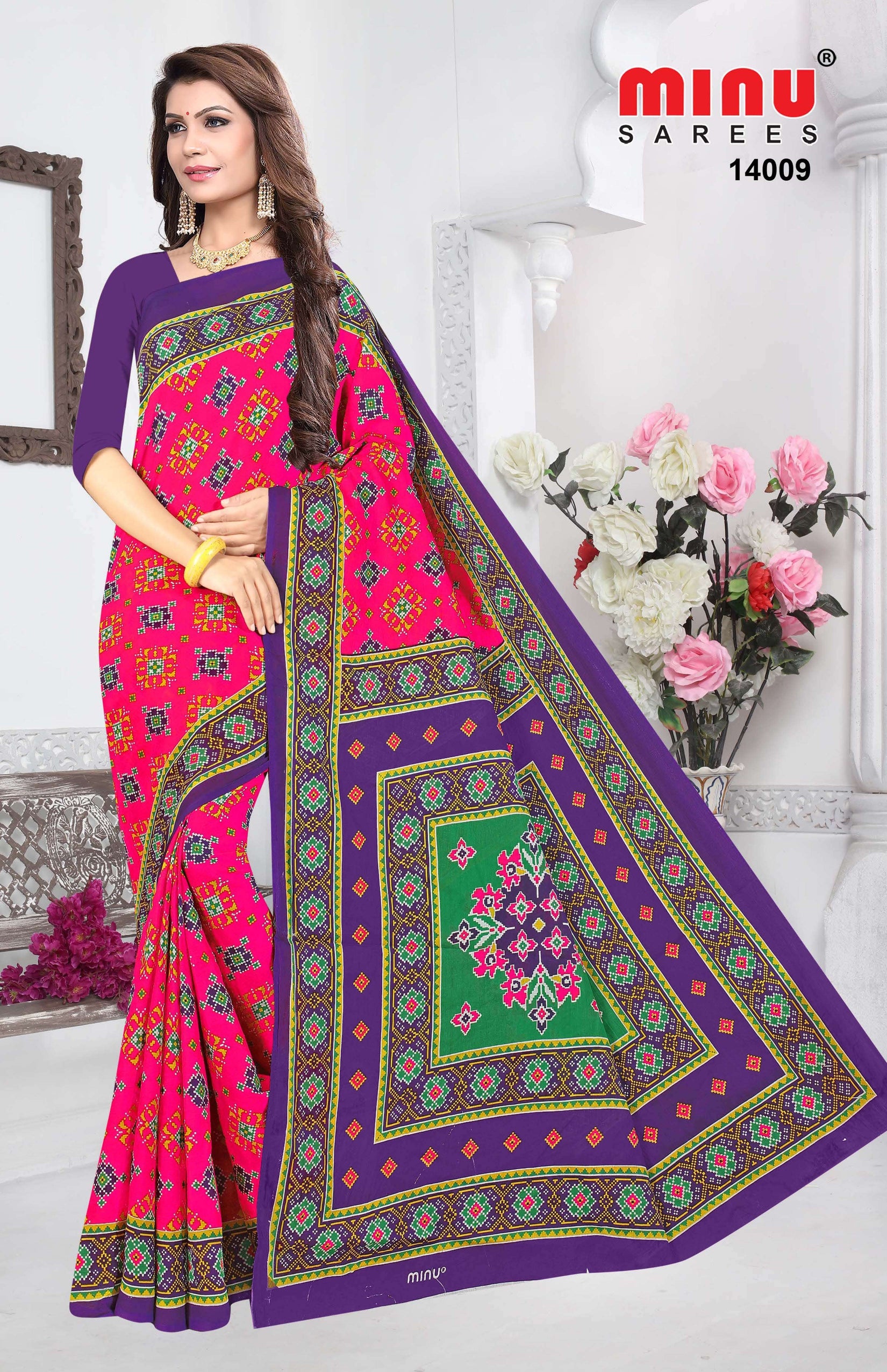 Woman wearing multi colored printed saree for retail online