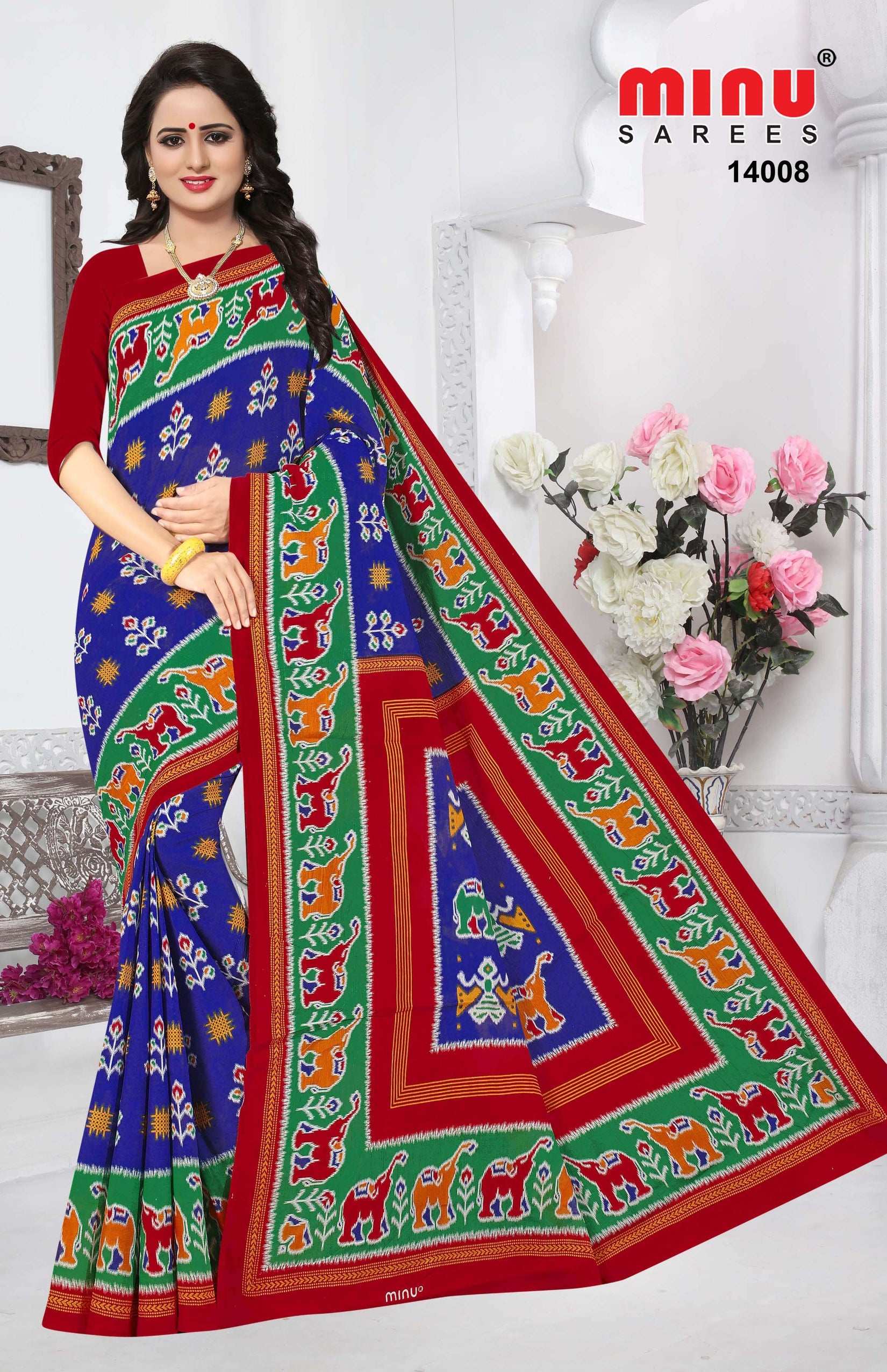Image of woman wearing multi-color printed saree online