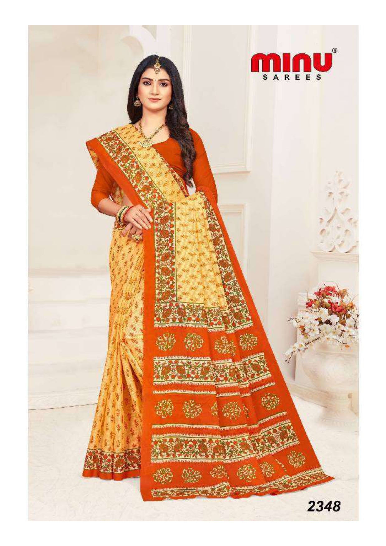 Bold color printed saree wearing woman