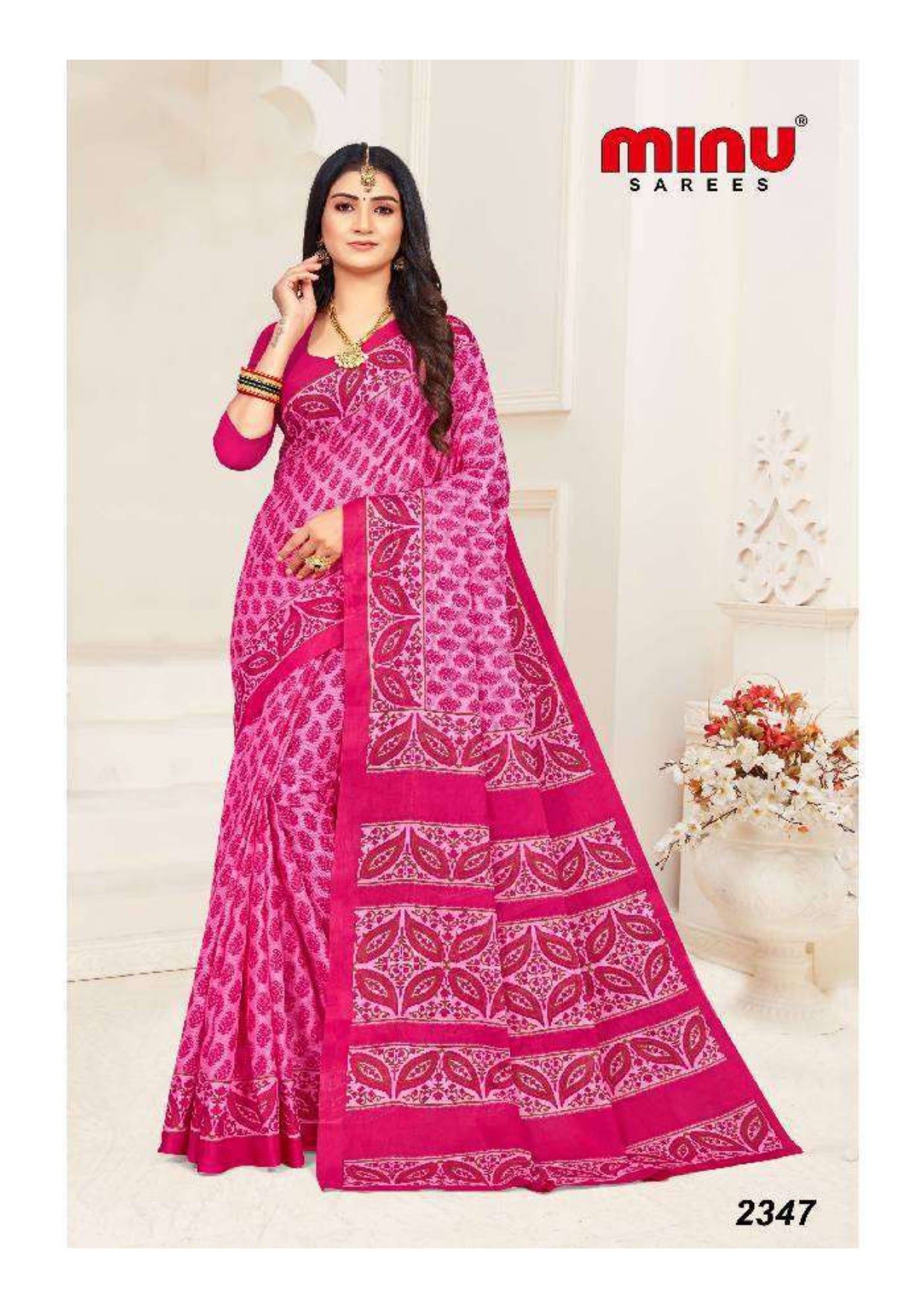 Pink color printed saree image online