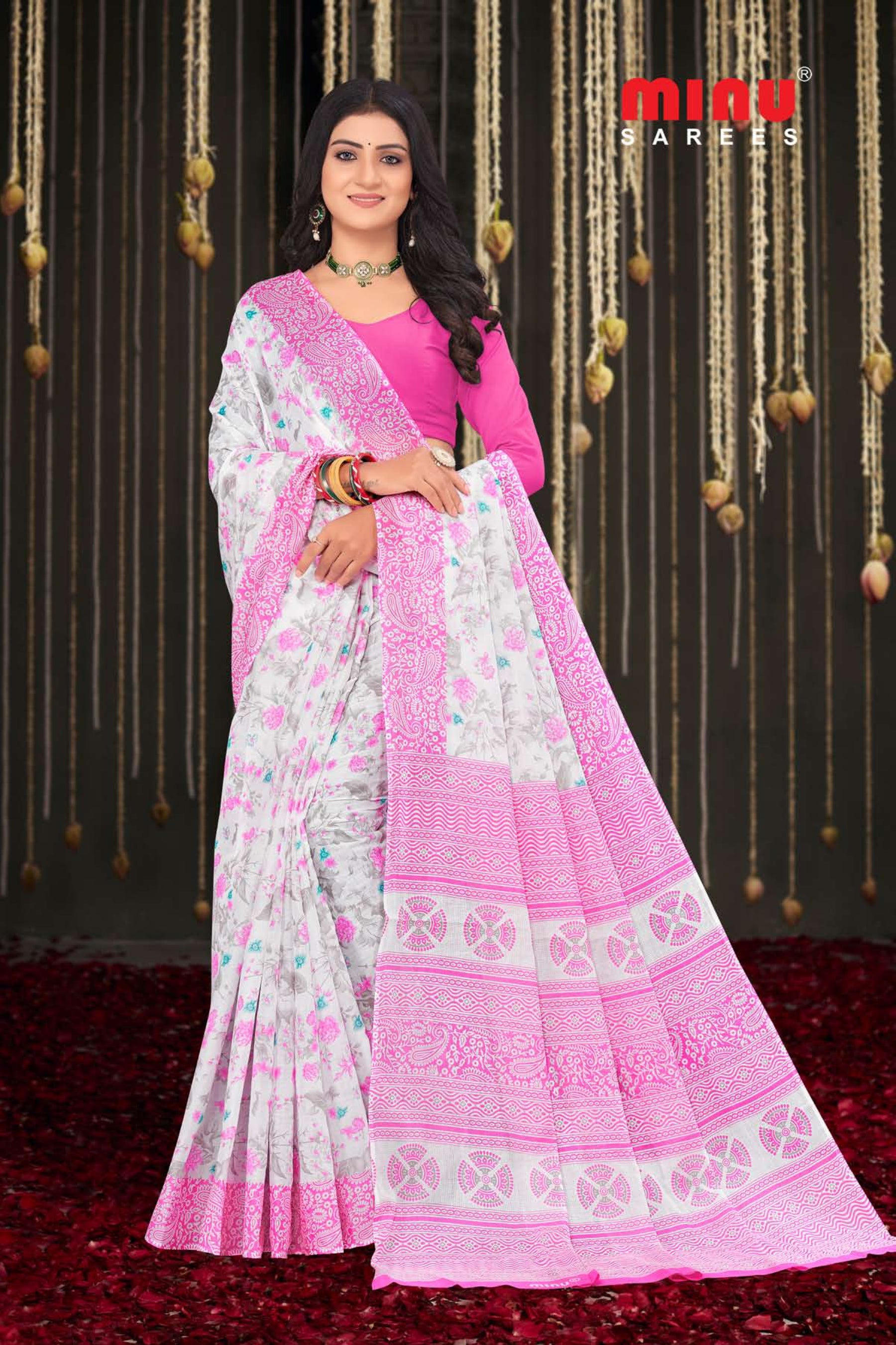 pink cotton saree wearing woman looking stylish 