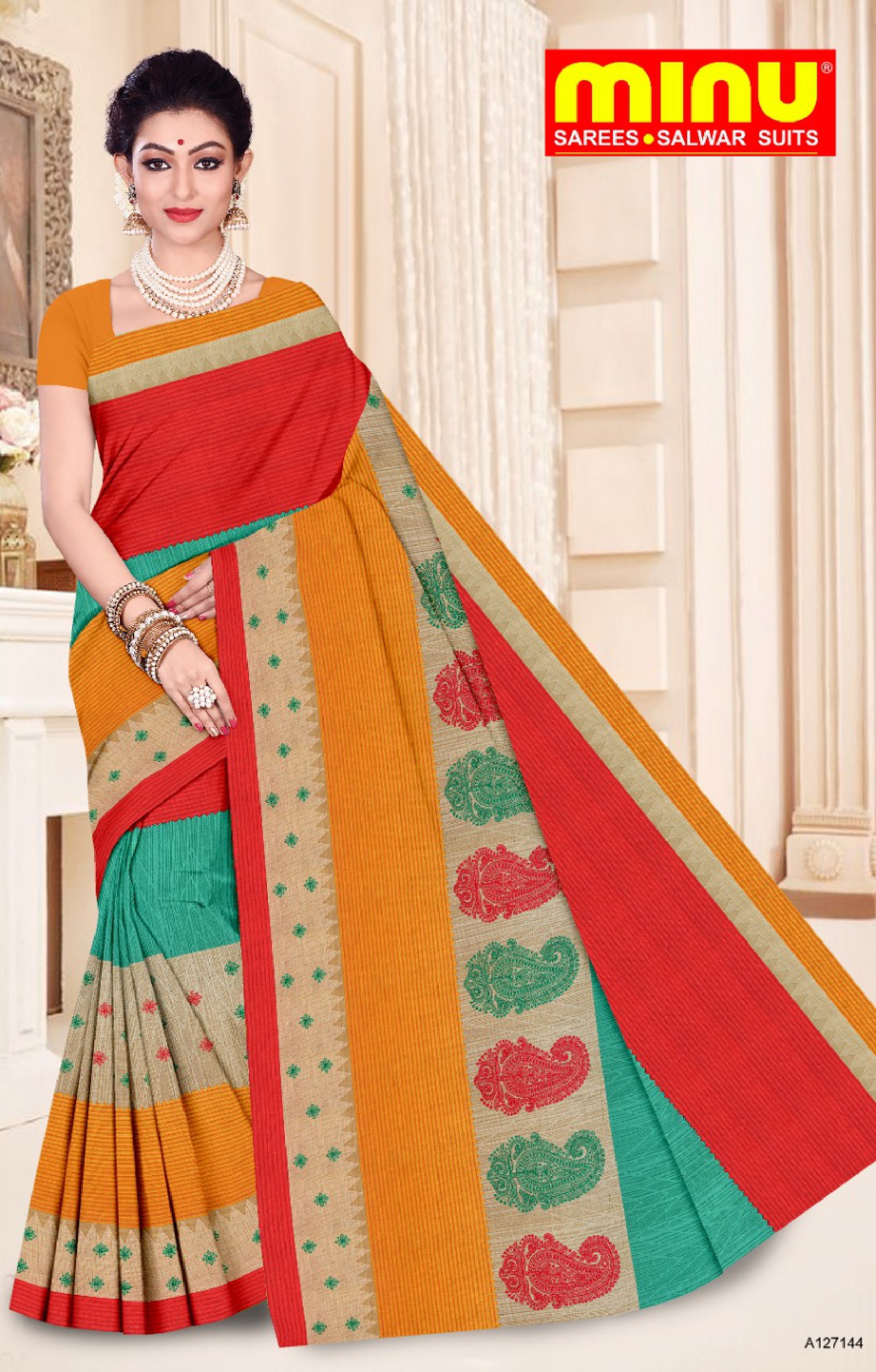 Red color embroidered saree online image