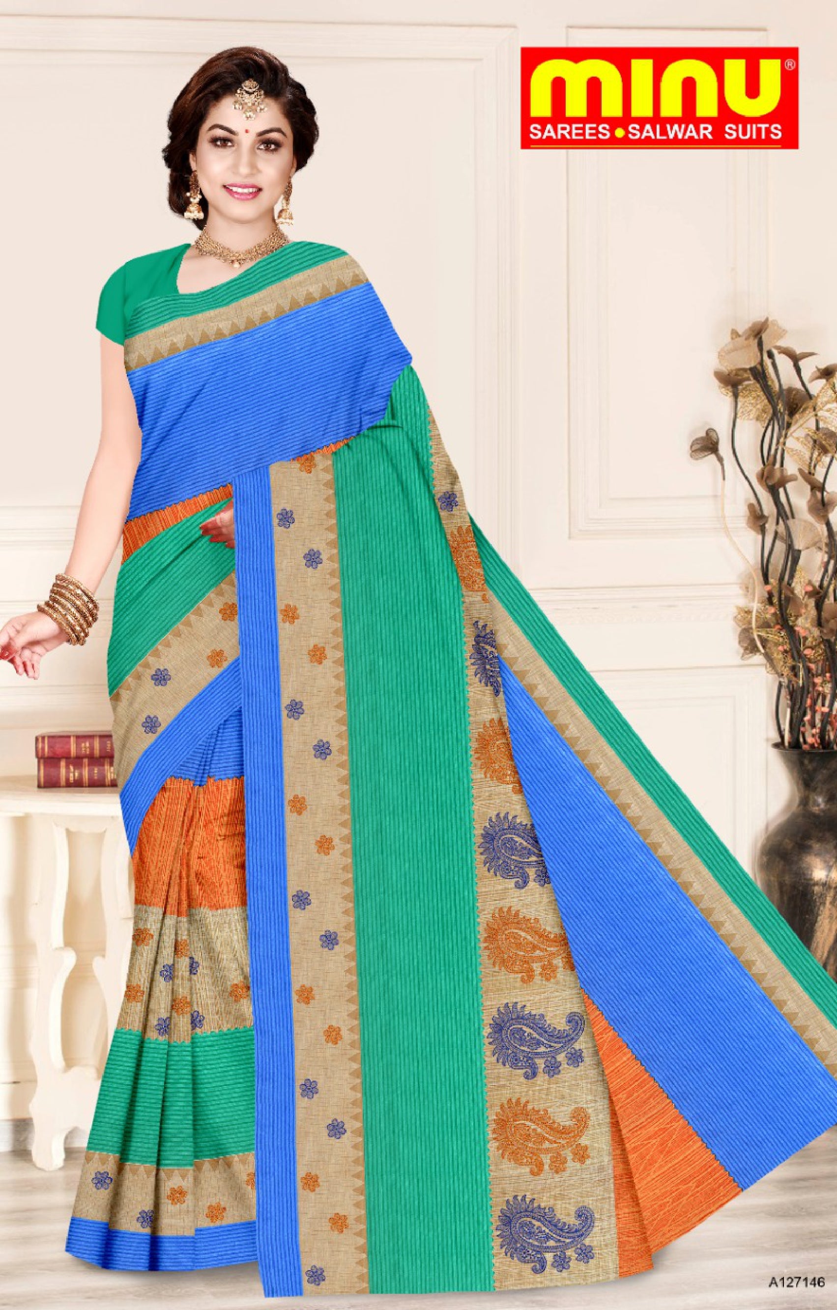 Blue color embroidered saree online image