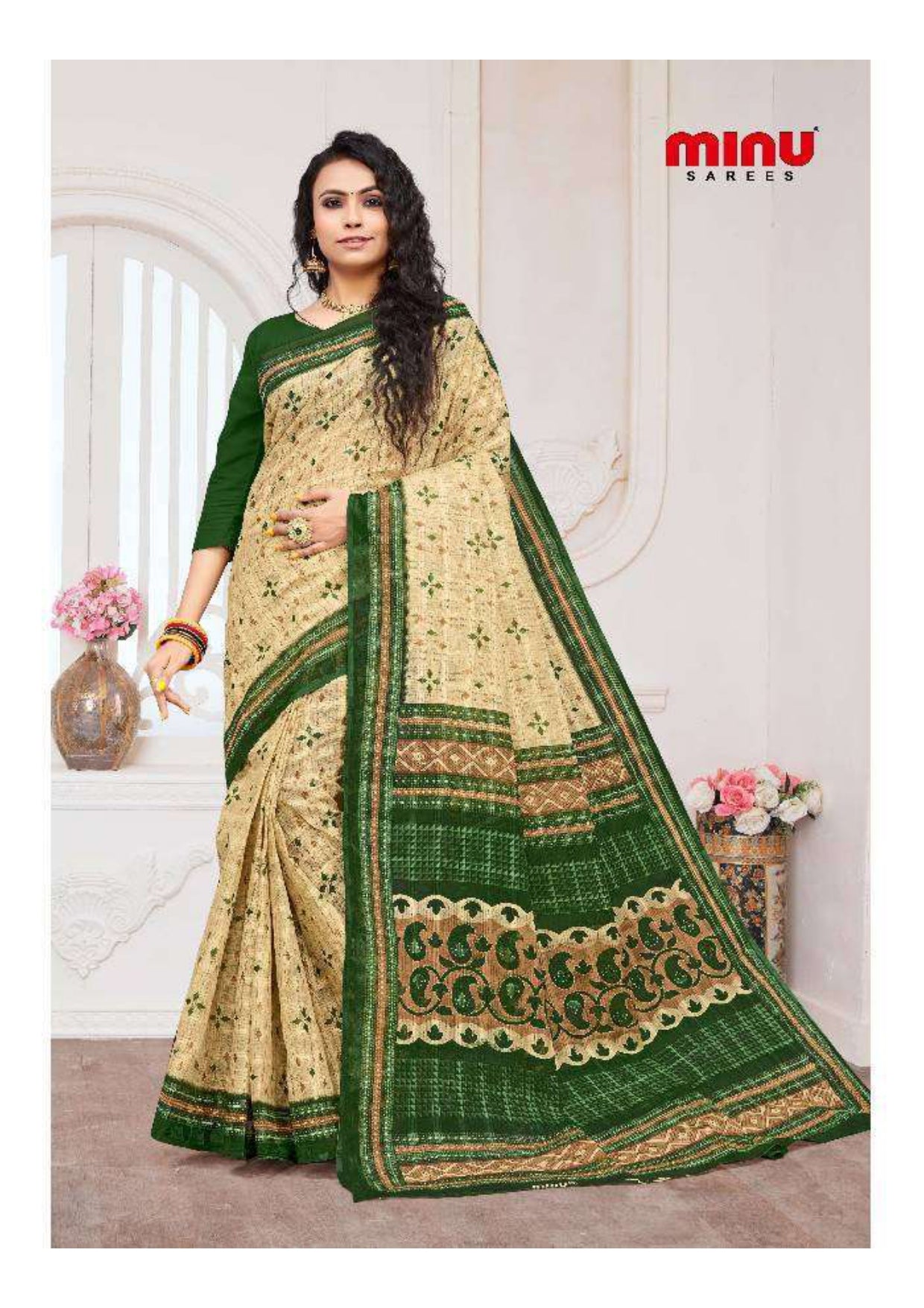 Woman wearing best designer classy printed saree online