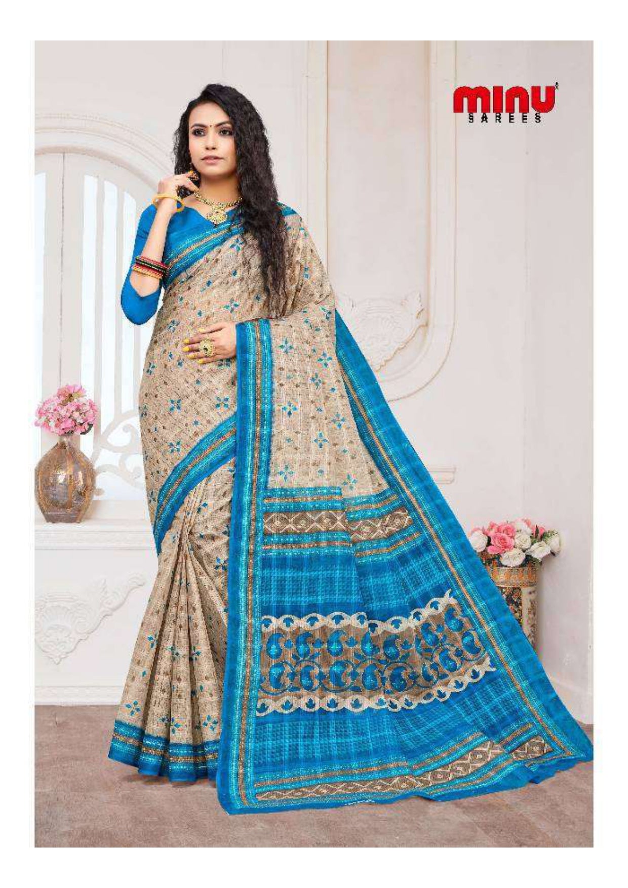 Woman posing in best designing color printed saree online
