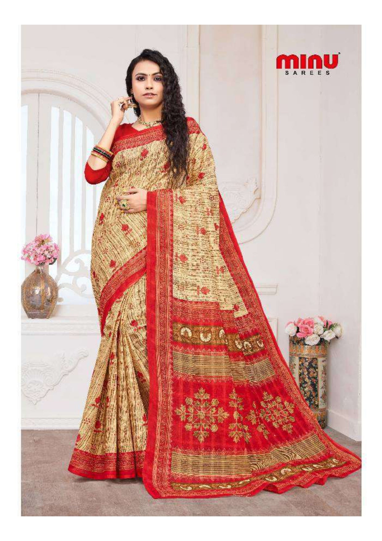 Low prices printed saree wearing woman image