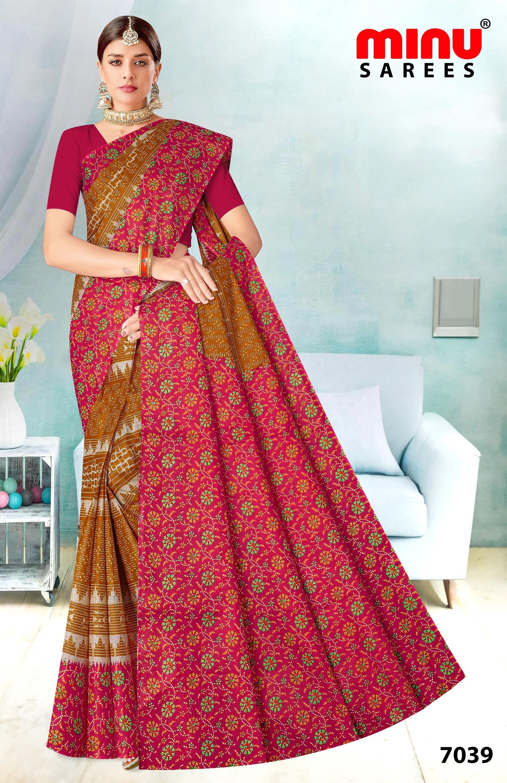 Red printed pure cotton saree wholesale 
