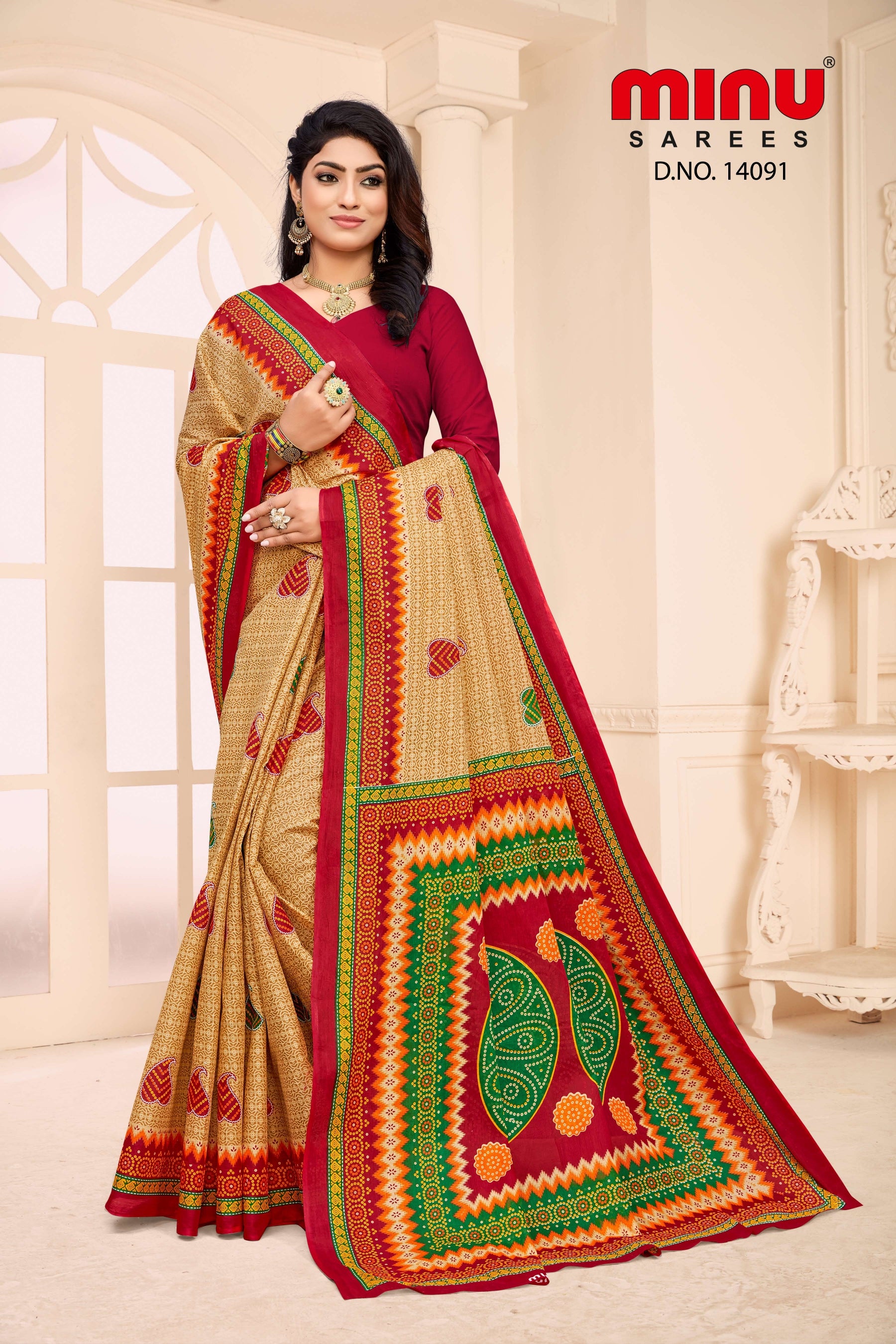 Woman wearing bold color printed saree online wholesale