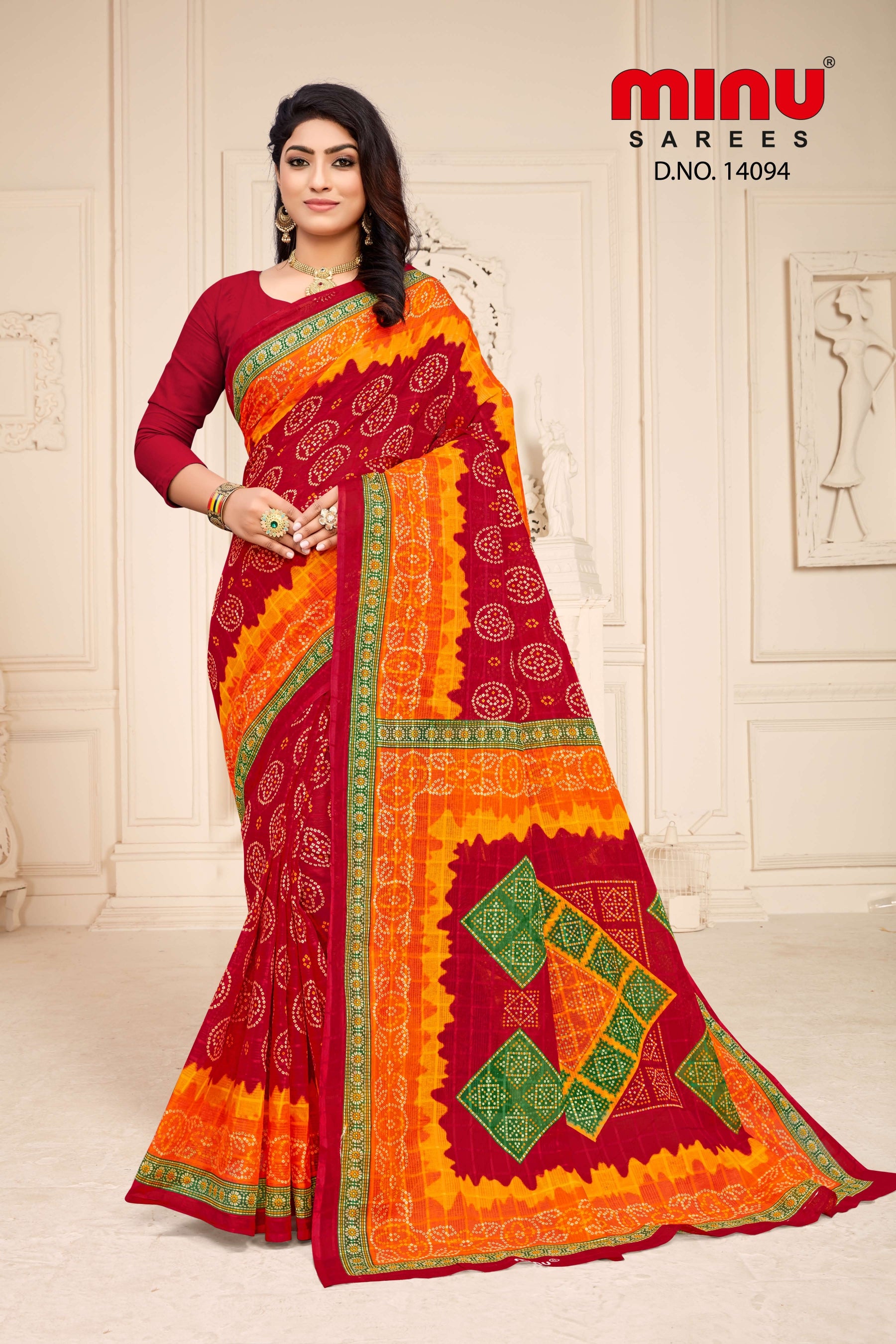 Woman in printed saree with modern designing online