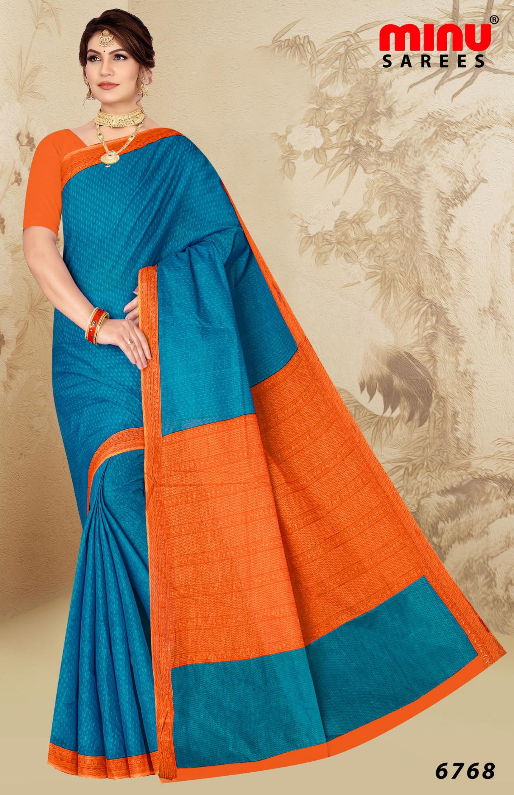 women wearing blue and orange printed cotton saree