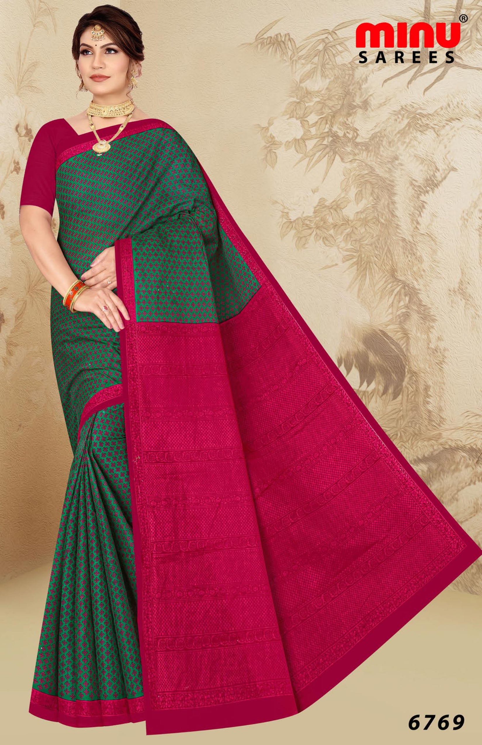 women wearing red cotton printed saree 