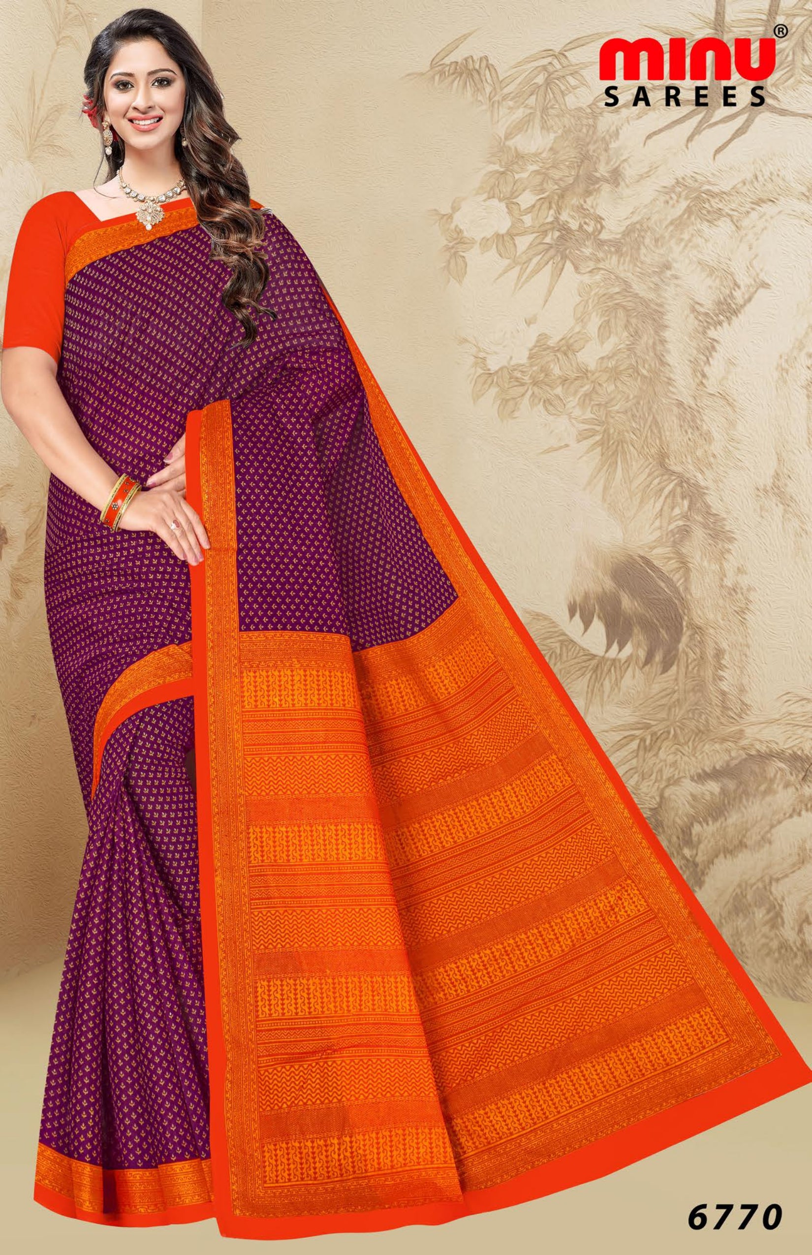 beautiful women wearing orange cotton printed saree 