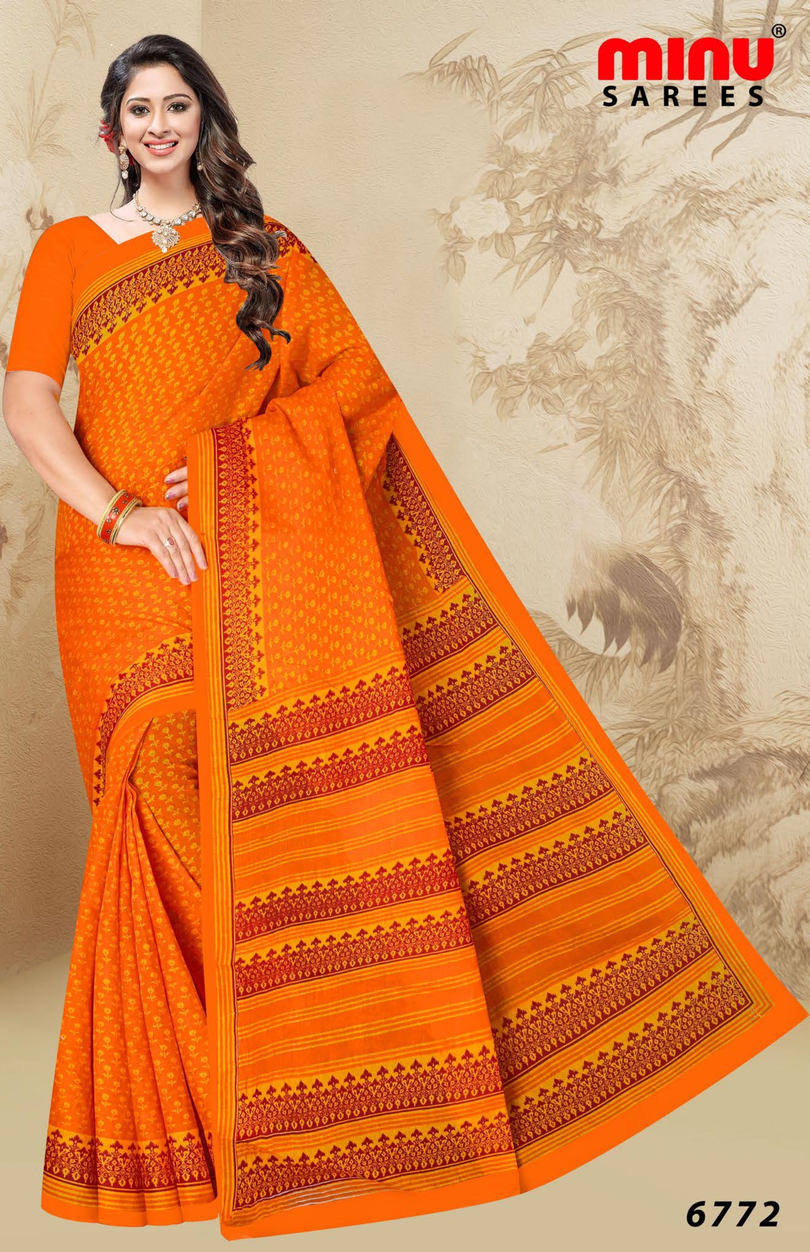 women wearing orange cotton printed saree 