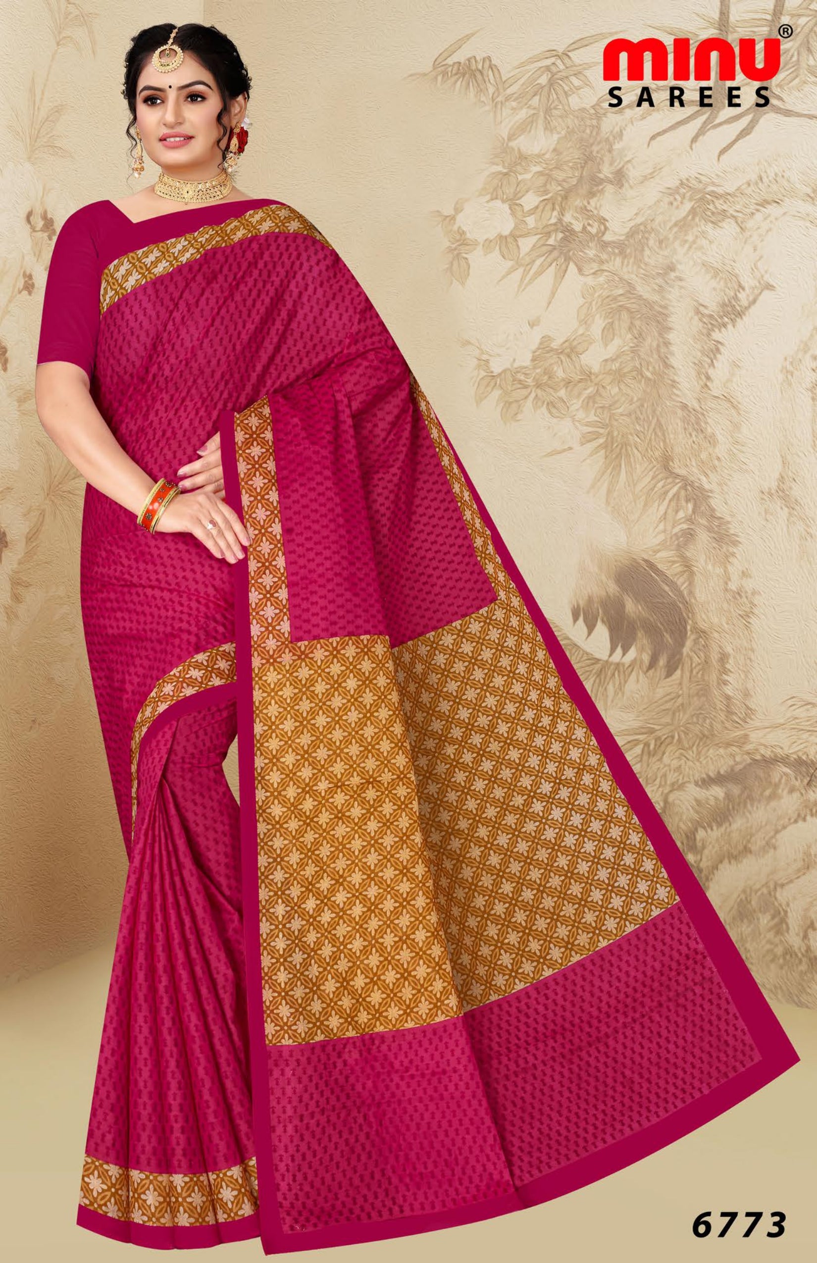 women wearing a pink cotton printed saree 