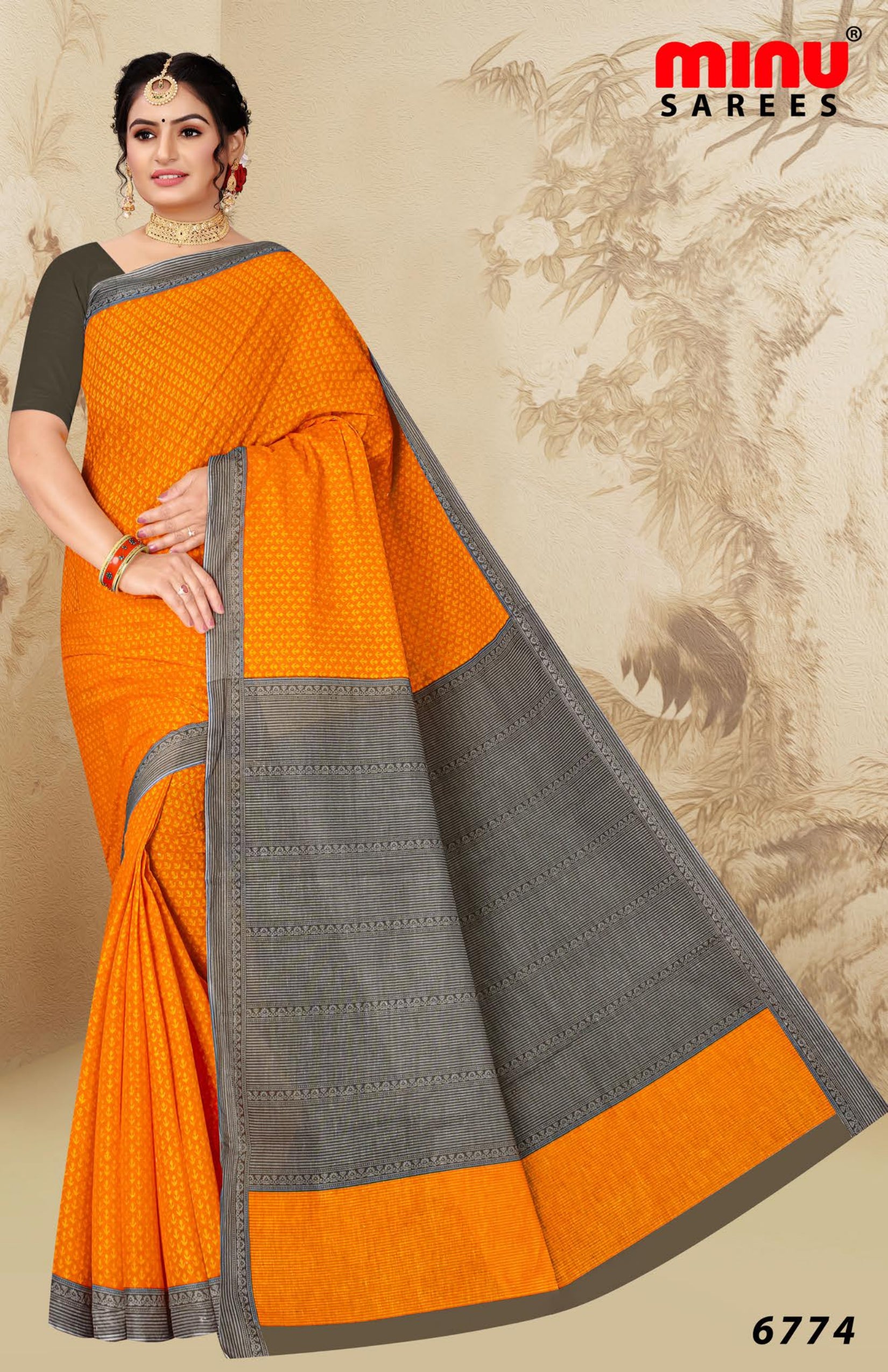 orange cotton printed saree for women 