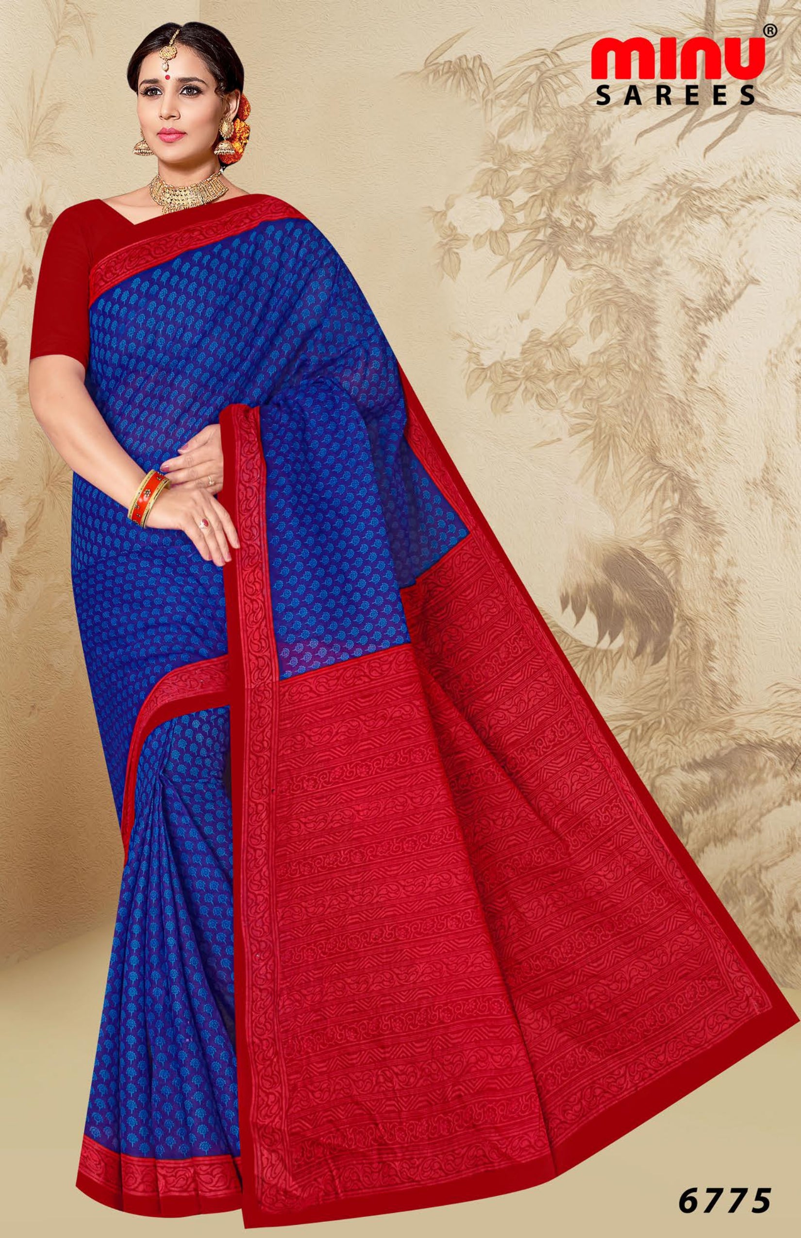 beautiful women wearing a blue cotton printed saree 