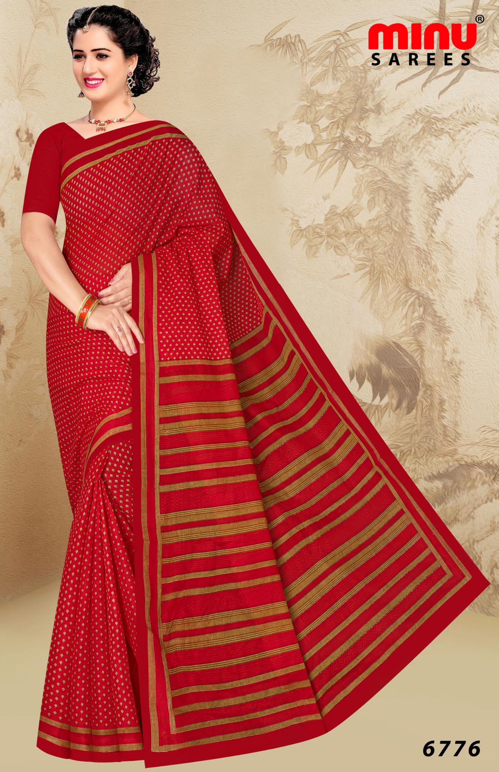 red cotton printed saree image 