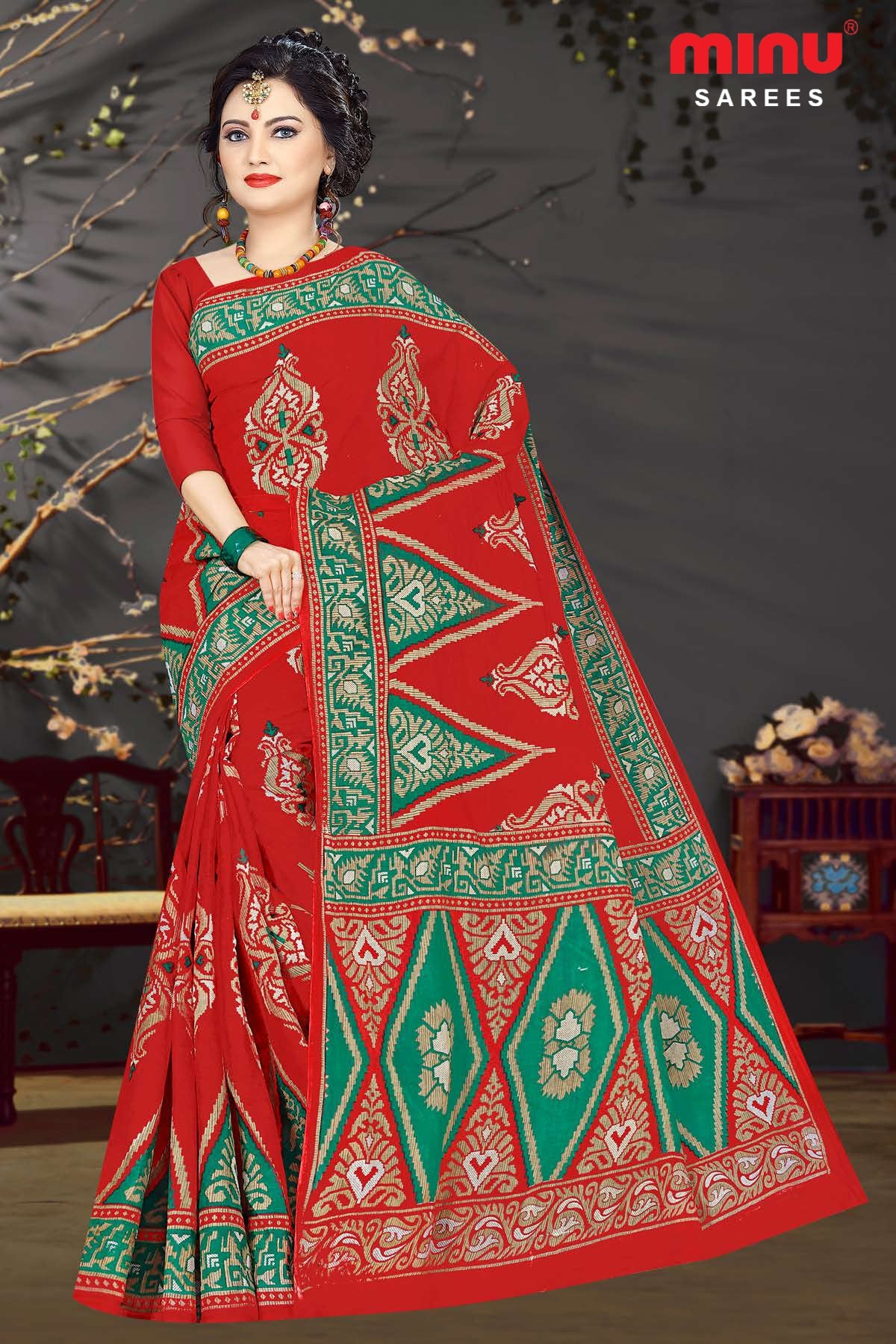 Women looking stunning wearing red printed designed saree