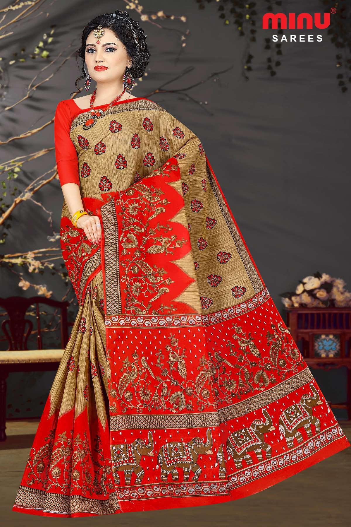 Women standing wearing stylish printed colored saree image