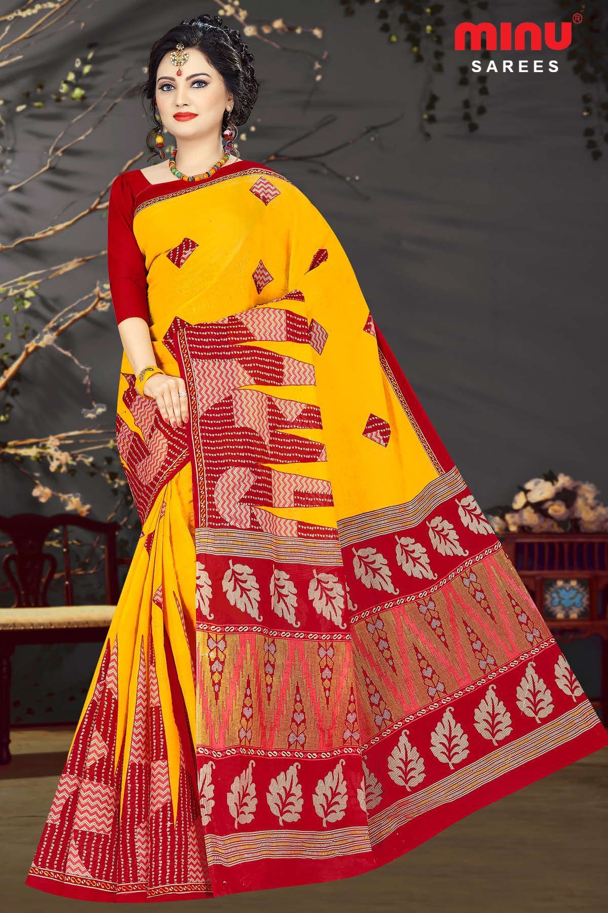 Women wearing yellow printed saree image