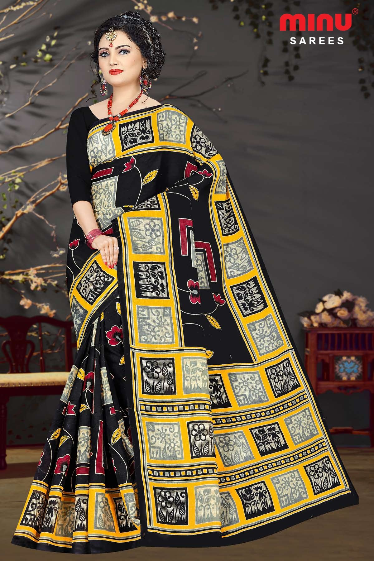 Women flaunting beauty by wearing soft printed design saree