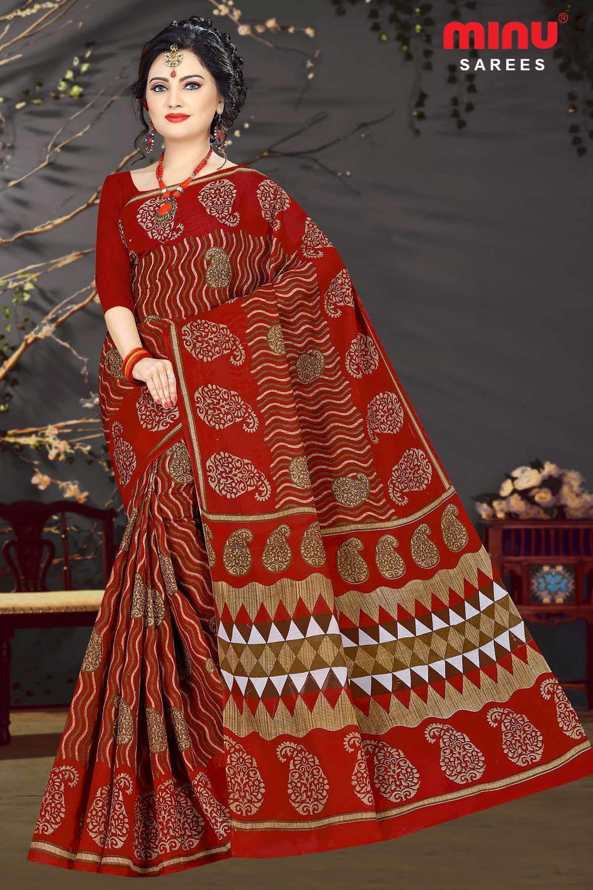 women standing posing in dashing printed saree image